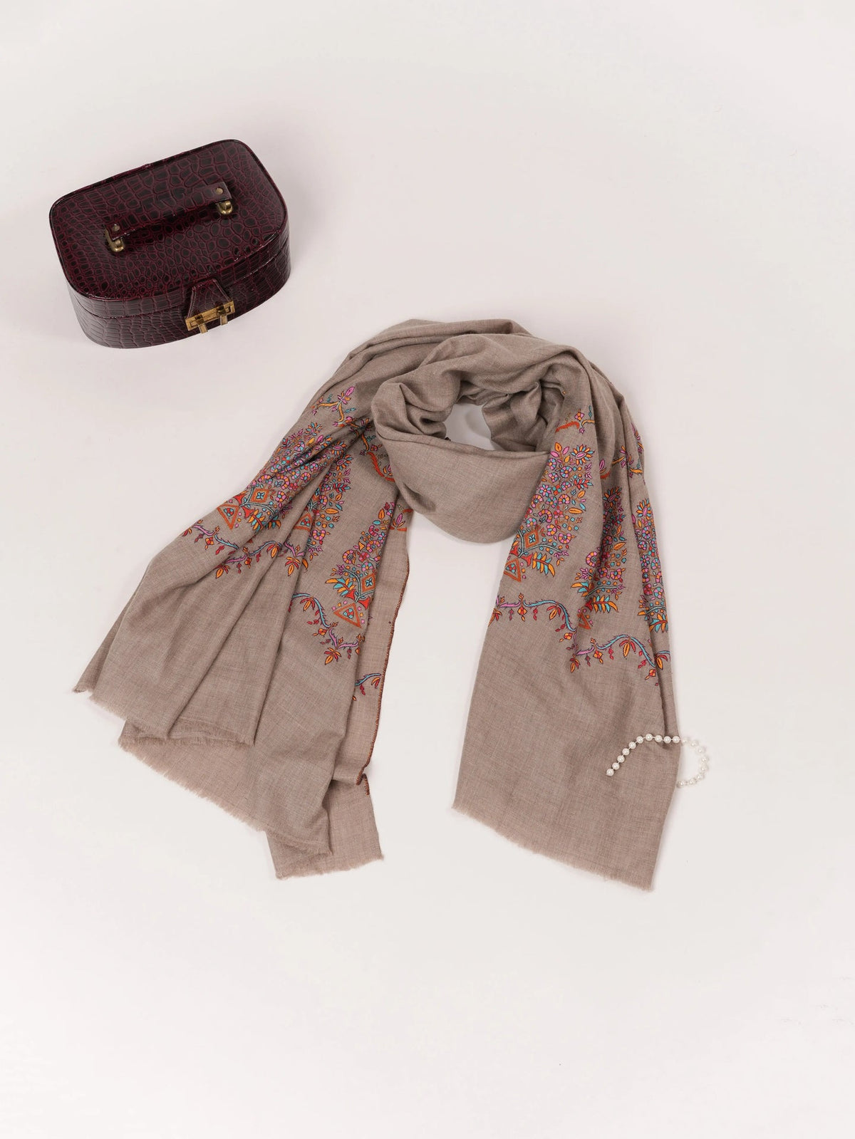 Natural Taupe Palldar Pashmina Handwoven Shawl with Delicate Sozni Embroidery Shahkaar.com