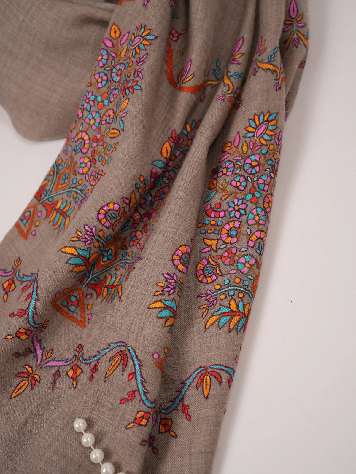 Natural Taupe Palldar Pashmina Handwoven Shawl with Delicate Sozni Embroidery Shahkaar.com