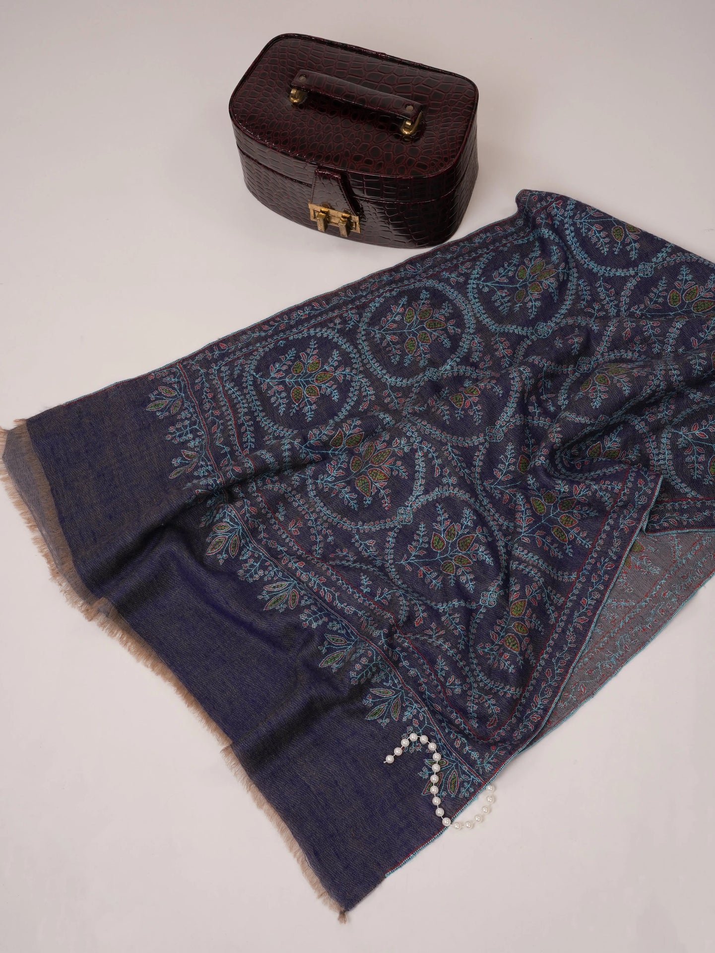 Blue Dual Tone Cashmere Scarf with Jali Hand Embroidery Shahkaar.com