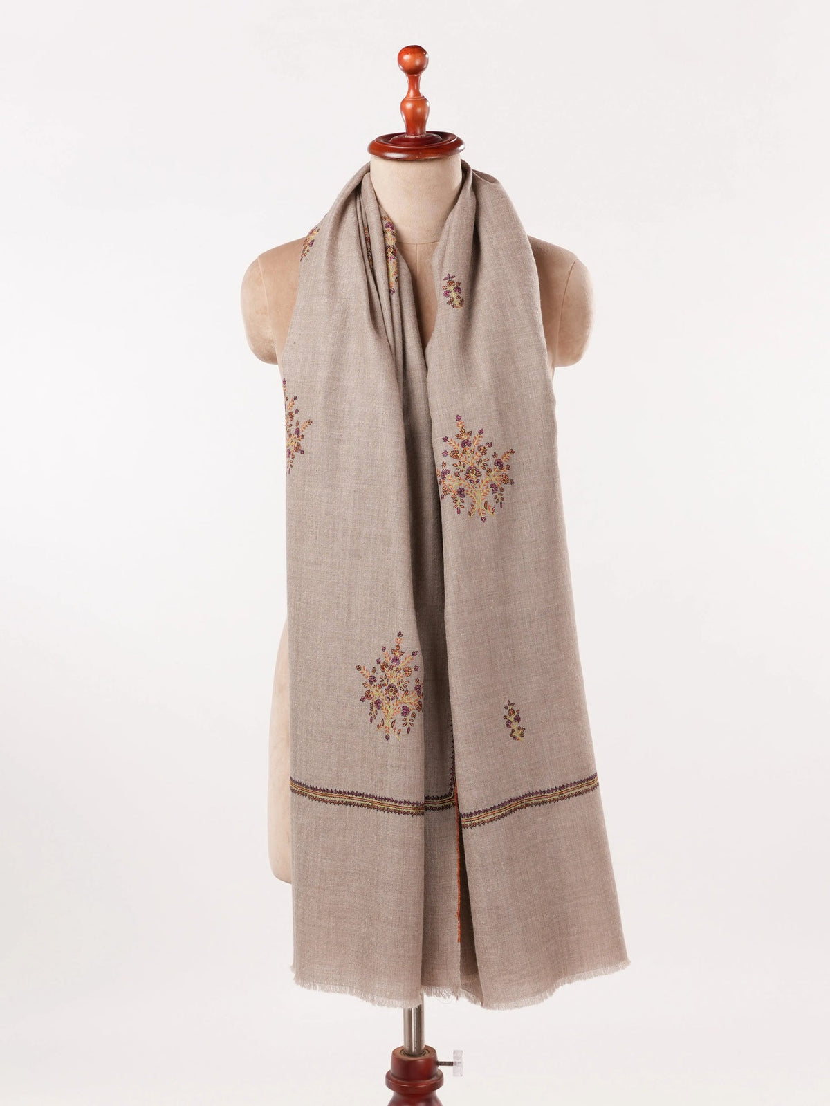 Buteh Embroidered Lightweight Handwoven Natural Beige Pashmina Shawl