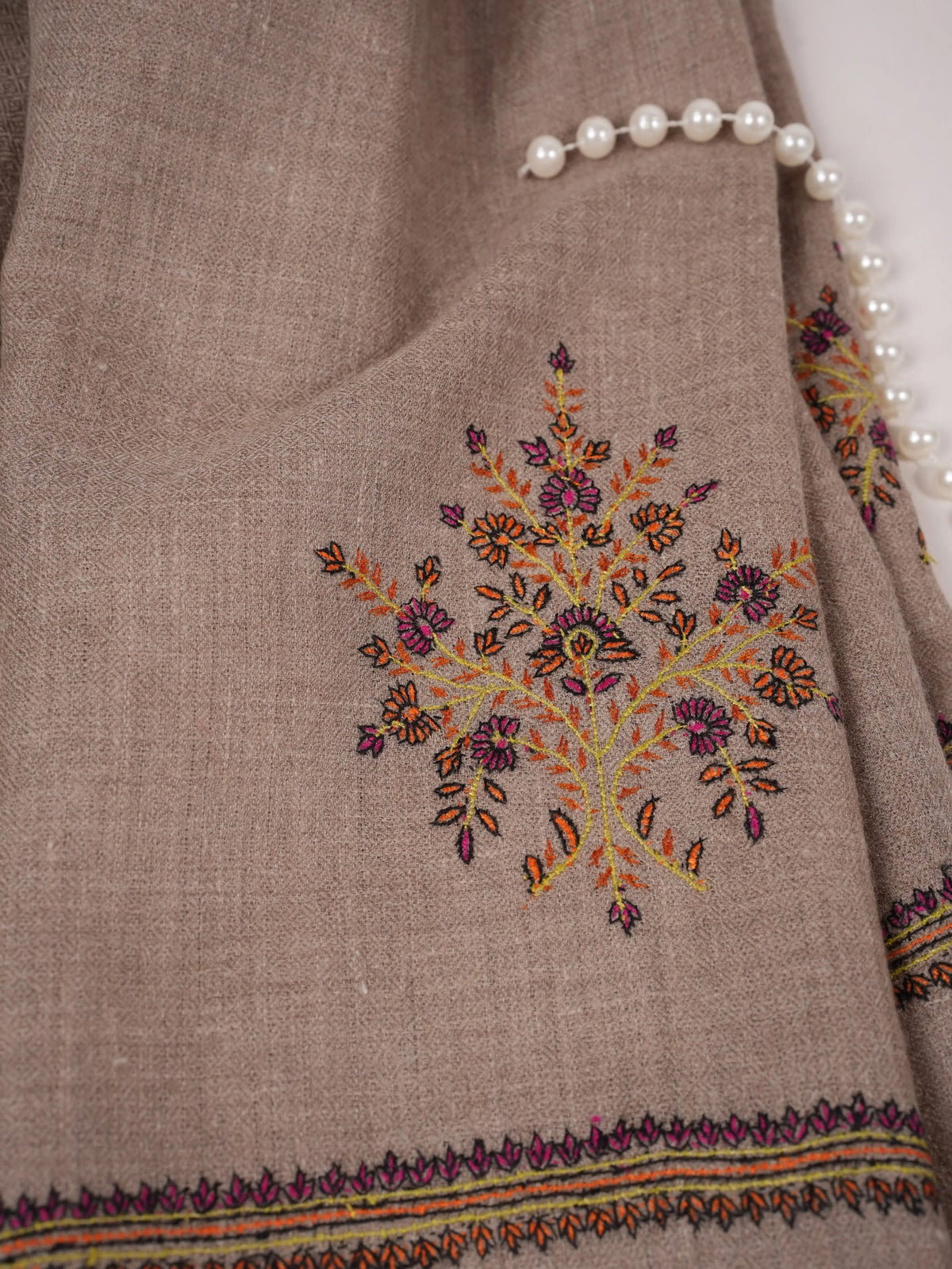 Buteh Embroidered Lightweight Handwoven Natural Beige Pashmina Shawl