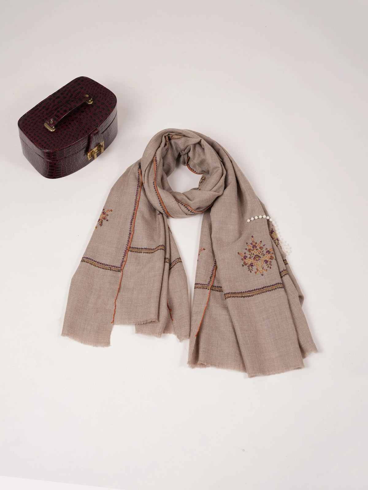Buteh Embroidered Lightweight Handwoven Natural Beige Pashmina Shawl