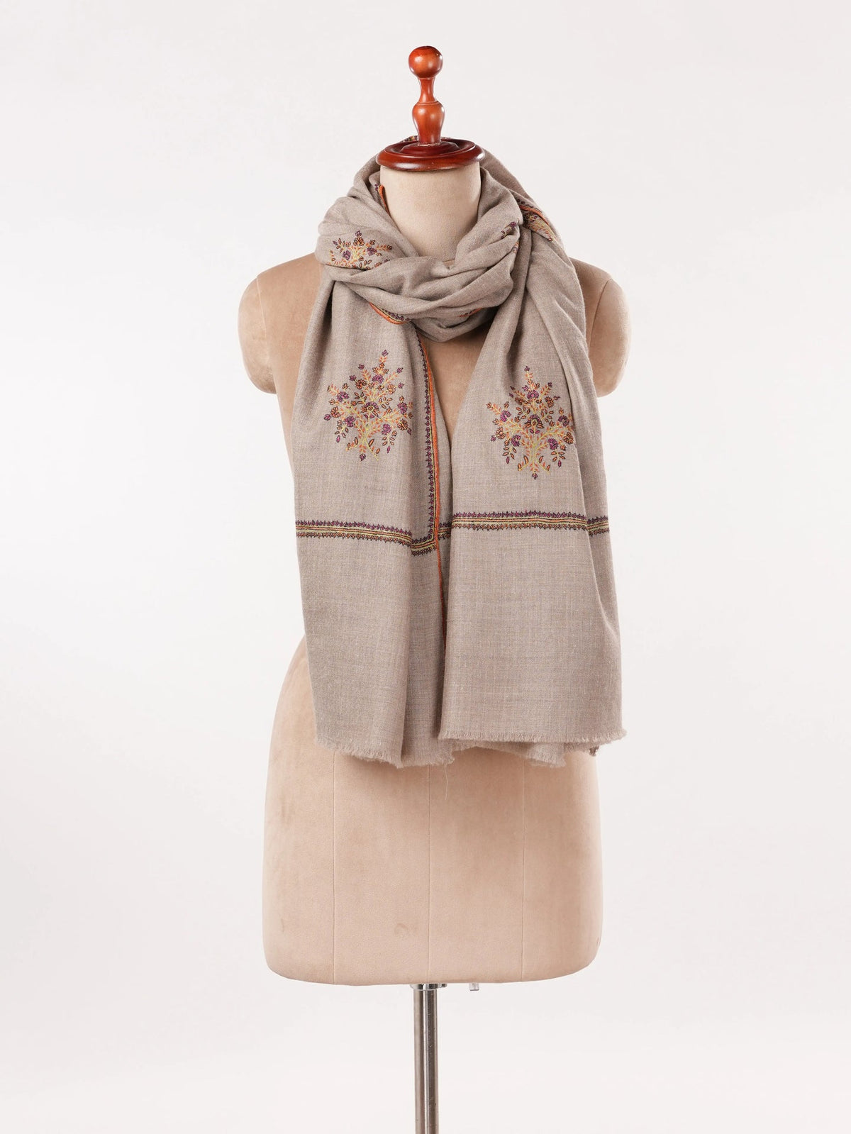 Buteh Embroidered Lightweight Handwoven Natural Beige Pashmina Shawl