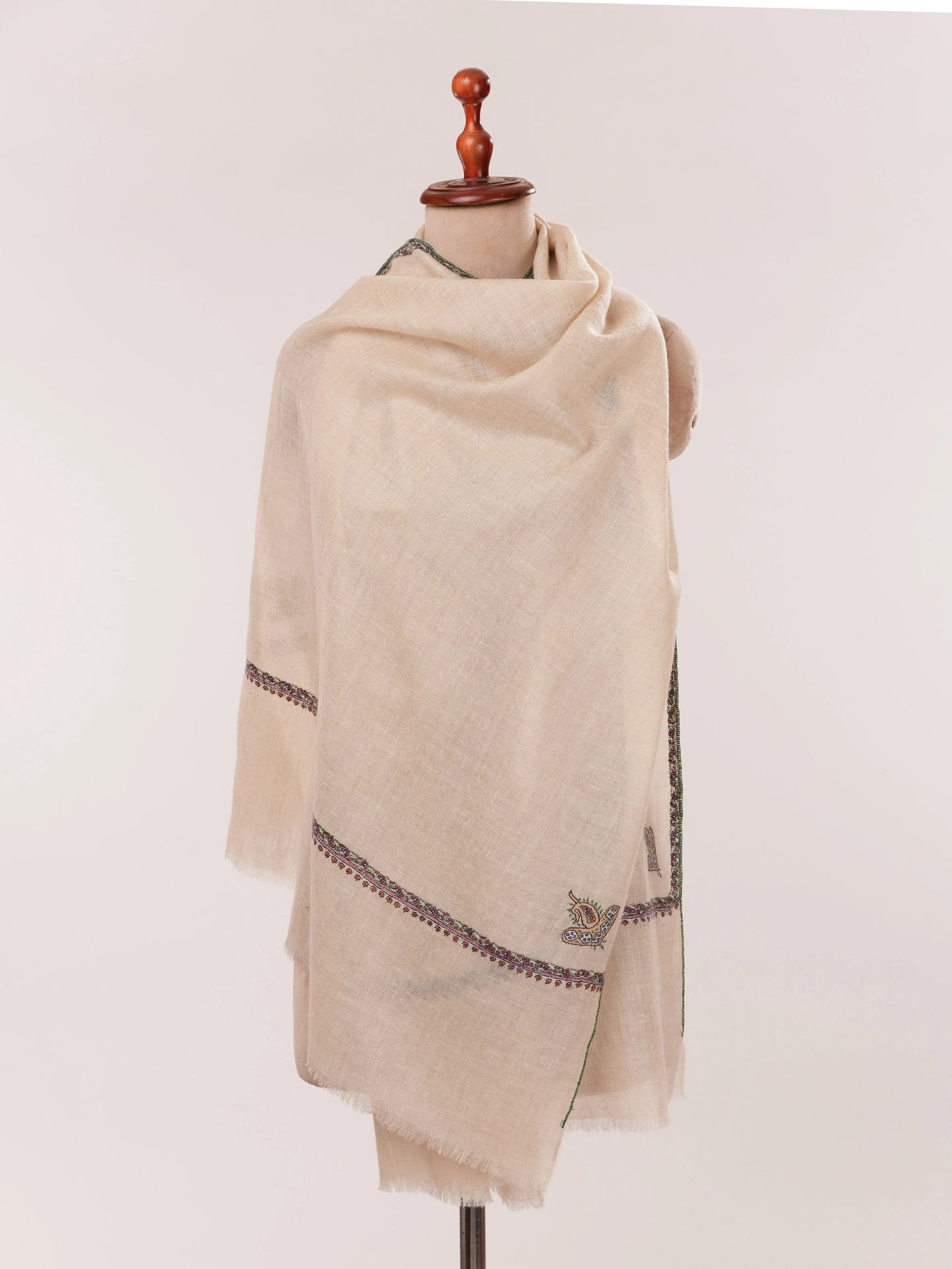 Natural Off-White Handloomed Baby Soft Embroidered Cashmere Scarf Shahkaar.com