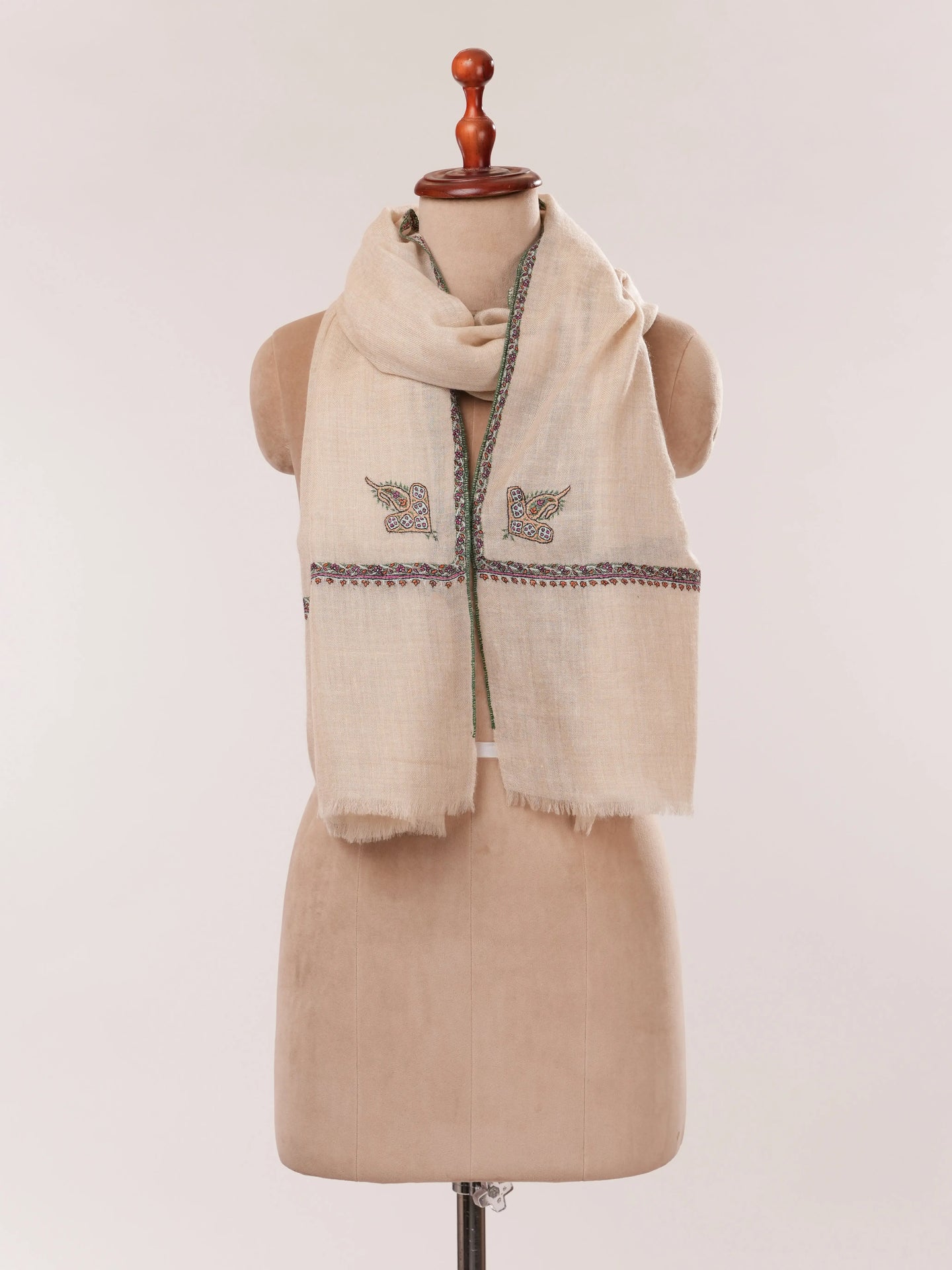Natural Off-White Handloomed Baby Soft Embroidered Cashmere Scarf Shahkaar.com