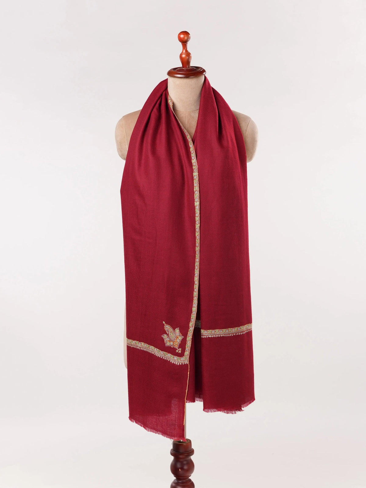 Burgundy Handwoven Featherlight Pashmina Shawl with Kashmiri Baildar Embroidery Shahkaar.com