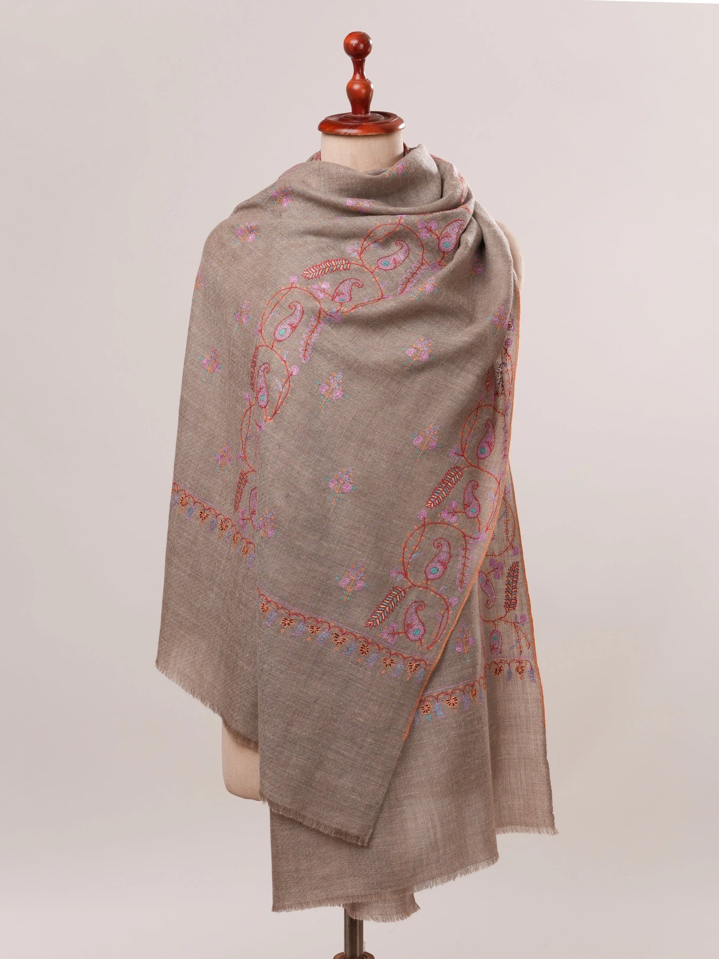 Natural Grey Cashmere Scarf with All Over Hand Embroidery Shahkaar.com