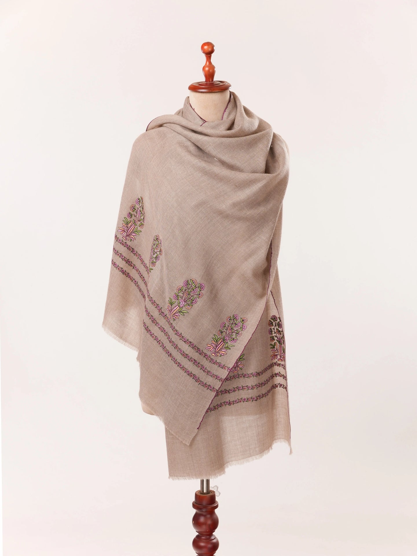 Palldar Sozni Embroidery Natural Taupe Handwoven Scarf in Cashmere from Kashmir Shahkaar.com