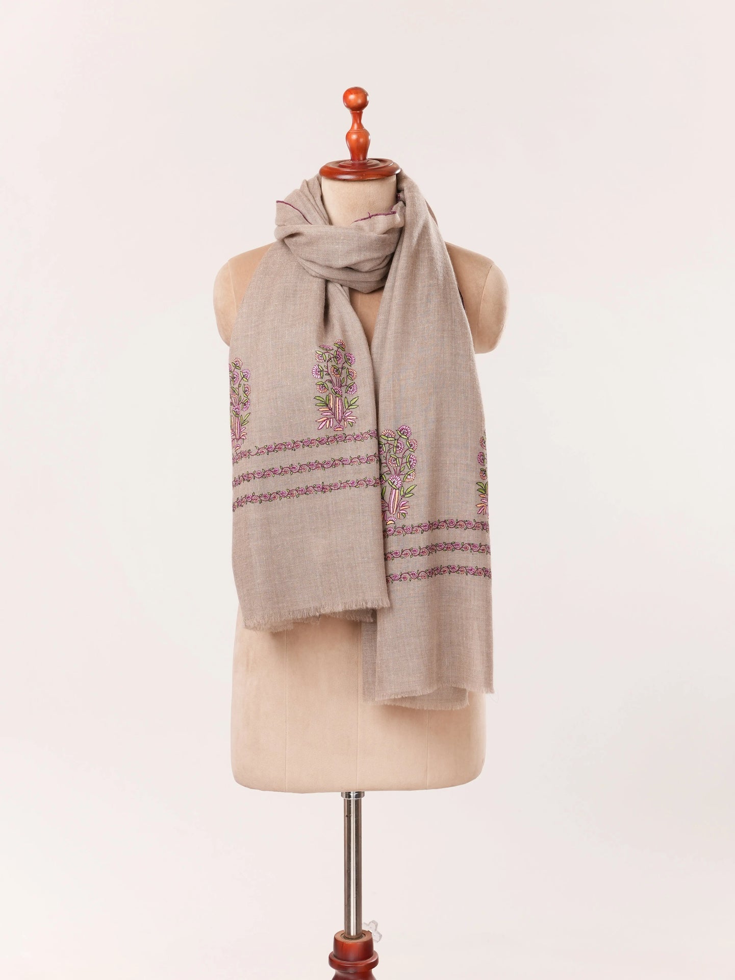 Palldar Sozni Embroidery Natural Taupe Handwoven Scarf in Cashmere from Kashmir Shahkaar.com