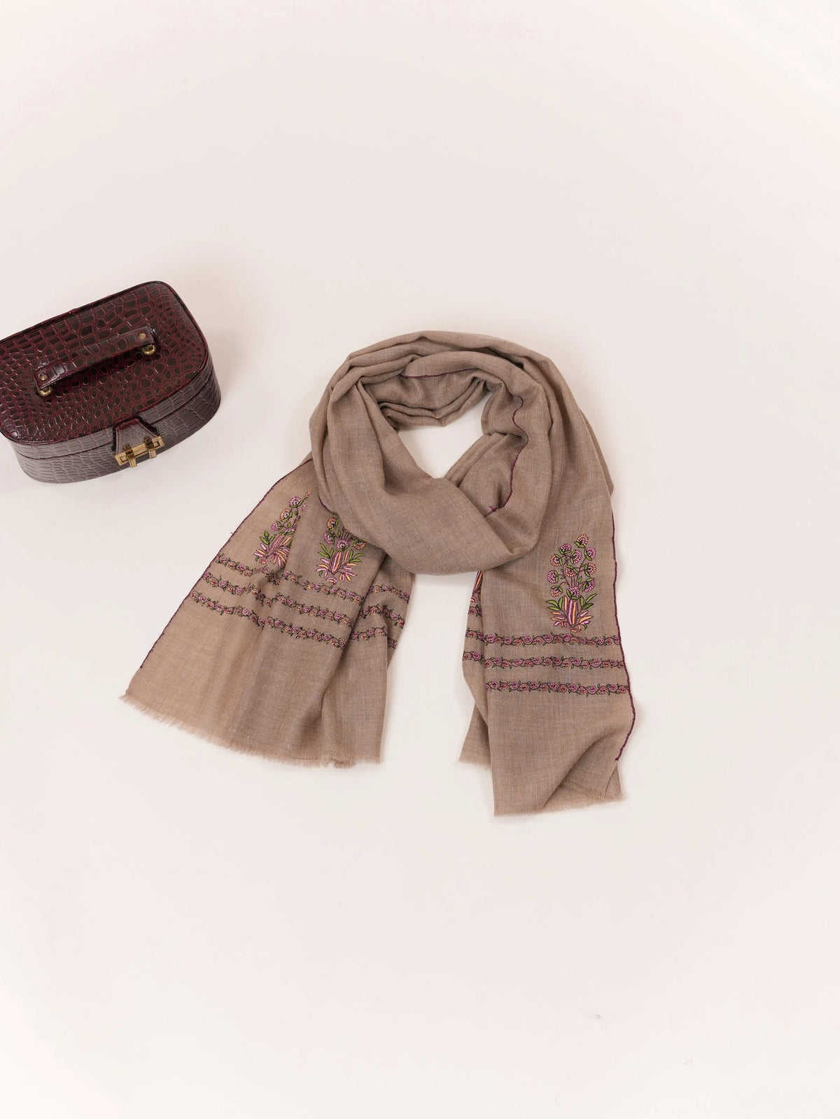 Palldar Sozni Embroidery Natural Taupe Handwoven Scarf in Cashmere from Kashmir Shahkaar.com