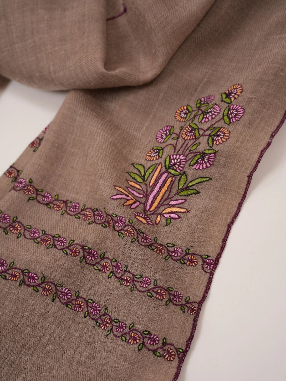 Palldar Sozni Embroidery Natural Taupe Handwoven Scarf in Cashmere from Kashmir Shahkaar.com