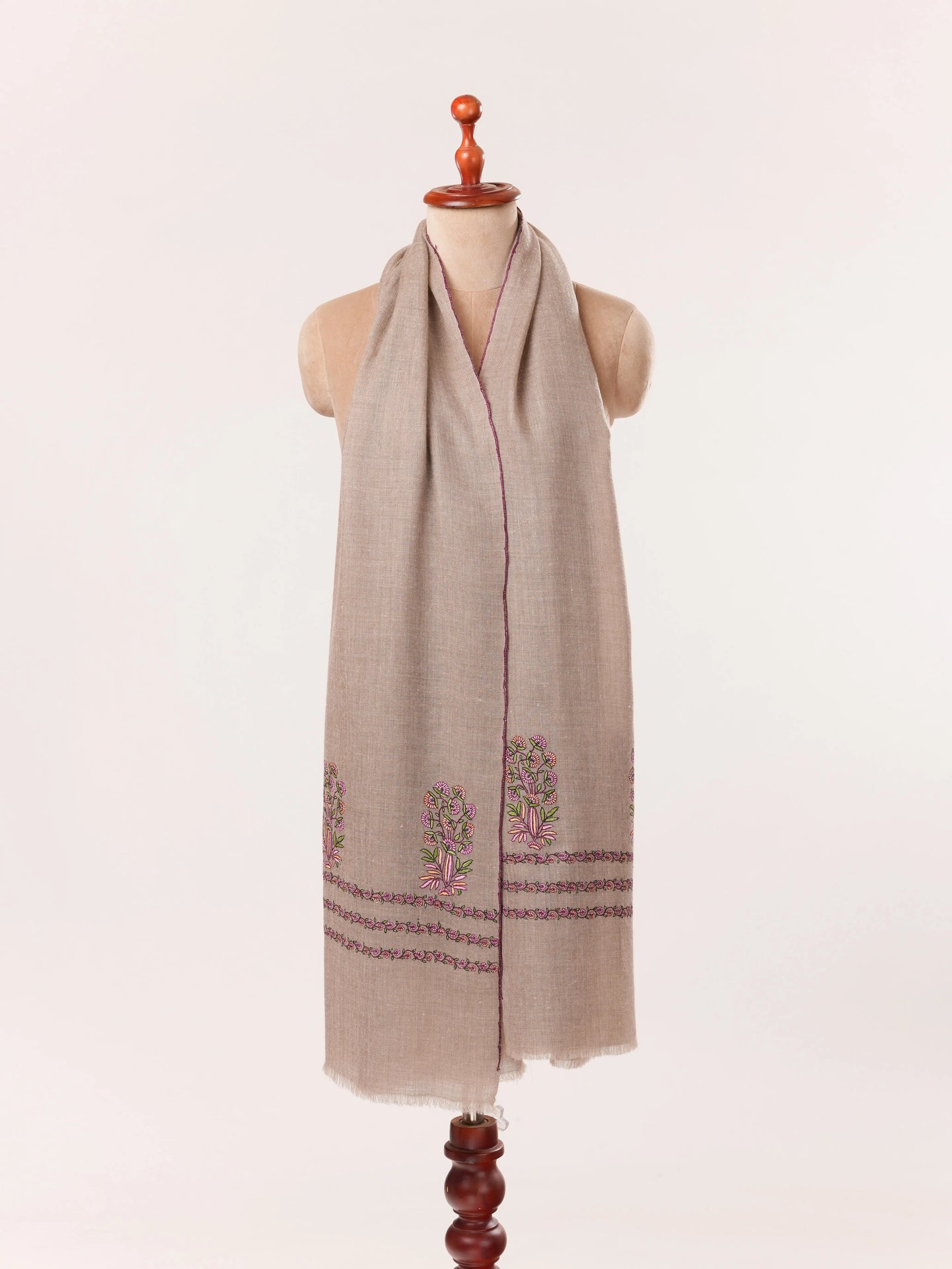 Palldar Sozni Embroidery Natural Taupe Handwoven Scarf in Cashmere from Kashmir Shahkaar.com