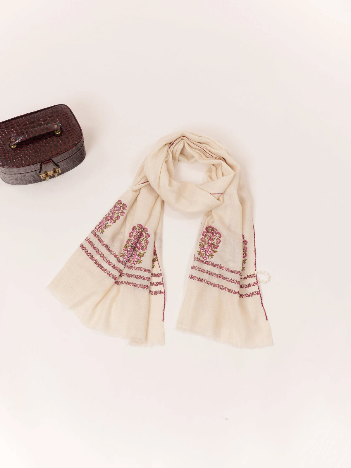 Natural White Palldar Kashmiri Cashmere Scarf with Sozni Embroidery Shahkaar.com