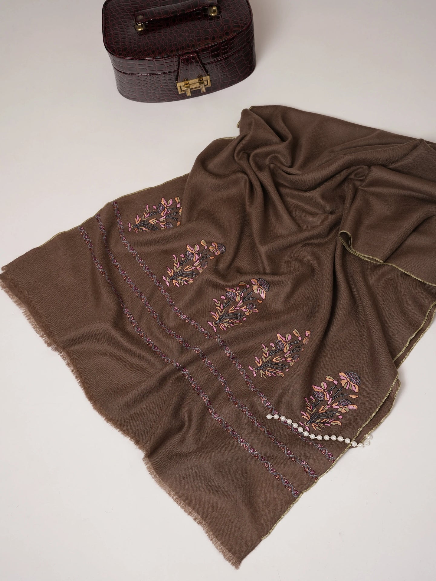 Mughal Motif Hand Embroidered Authentic Cashmere Scarf Shahkaar.com