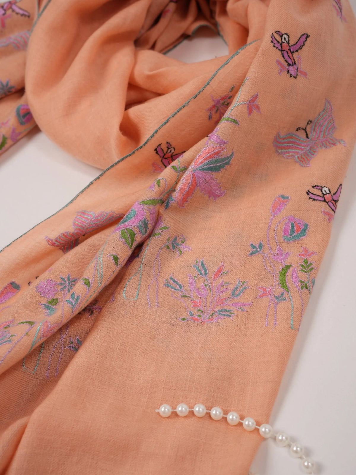 Peach Pashmina Shawl Handwoven in Kashmir with Palldar Hand Embroidery Shahkaar.com