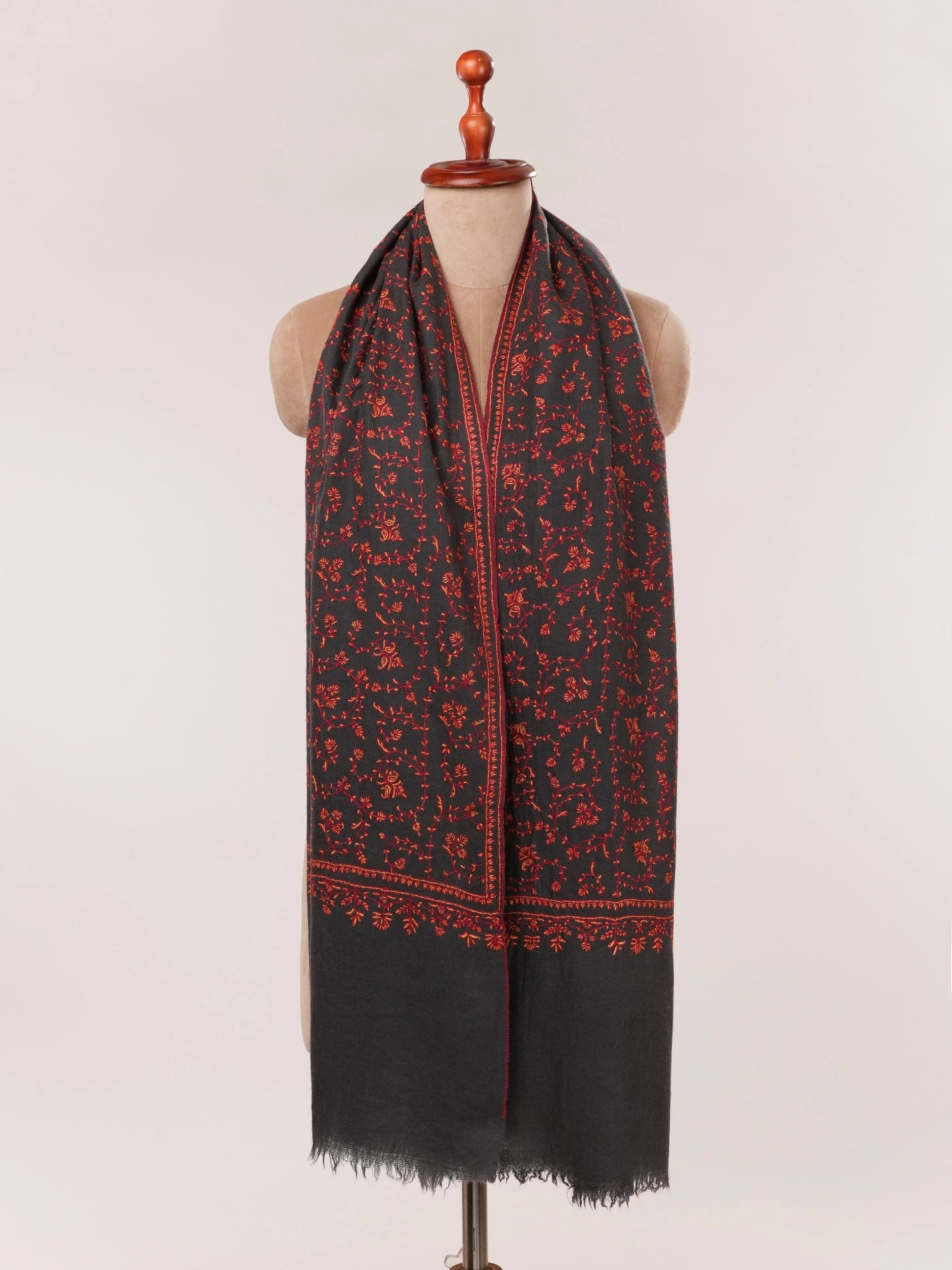 Dark Grey Featherlight Cashmere Scarf with Jali Hand Embroidery Shahkaar.com