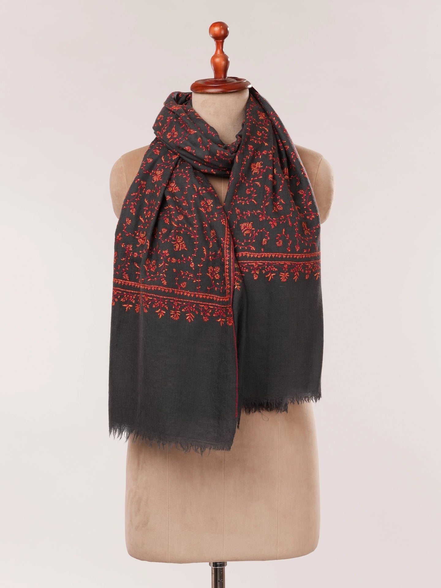Dark Grey Featherlight Cashmere Scarf with Jali Hand Embroidery Shahkaar.com