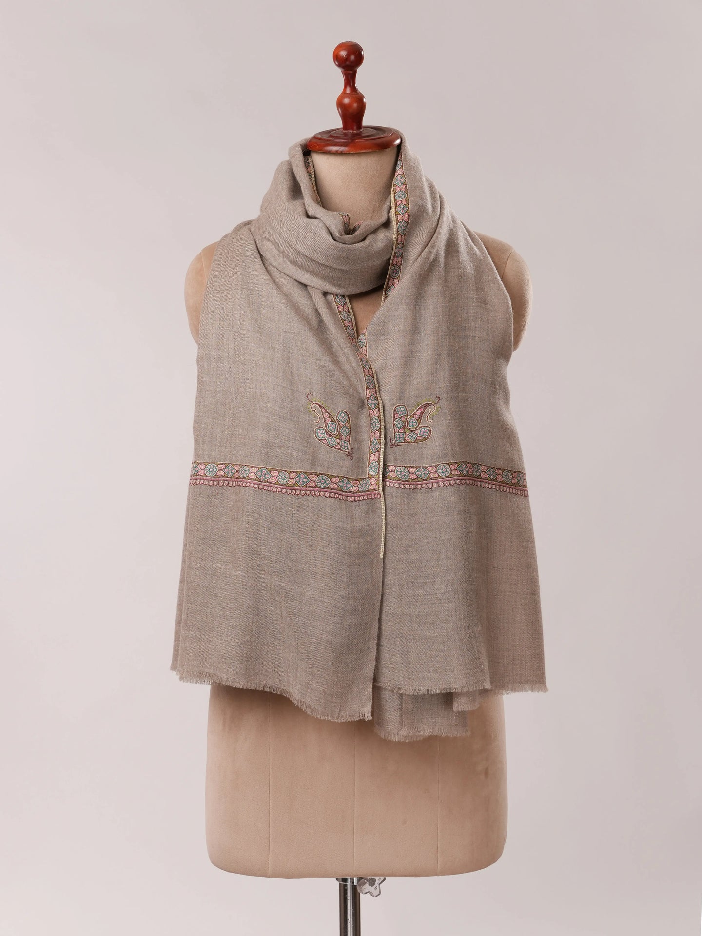 Natural Grey Authentic Pashmina Shawl with Classic Hashia Hand Embroidery Shahkaar.com