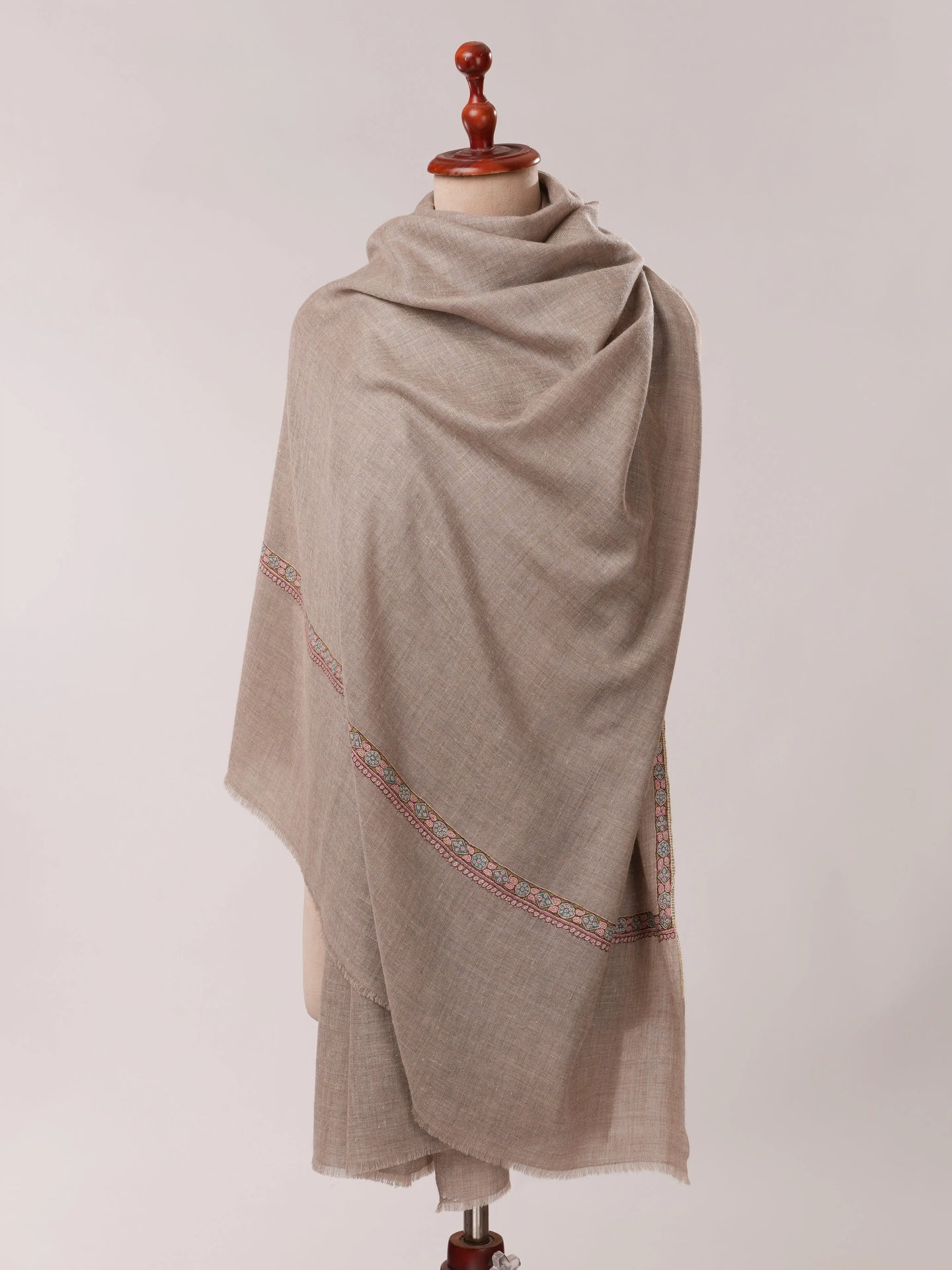Natural Grey Authentic Pashmina Shawl with Classic Hashia Hand Embroidery Shahkaar.com