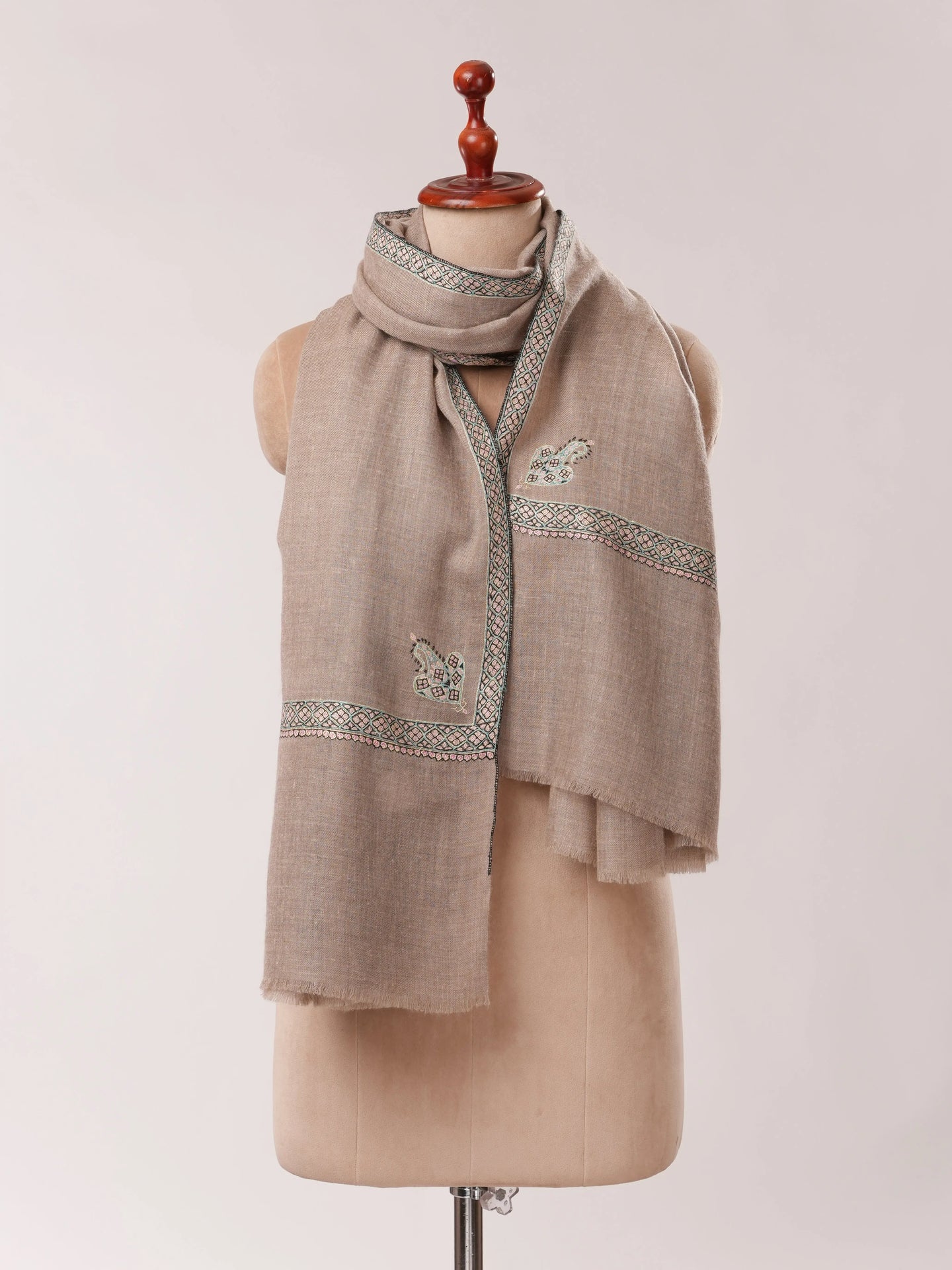 Natural Grey Pashmina Shawl with Hashia Hand Sozni Embroidery Shahkaar.com