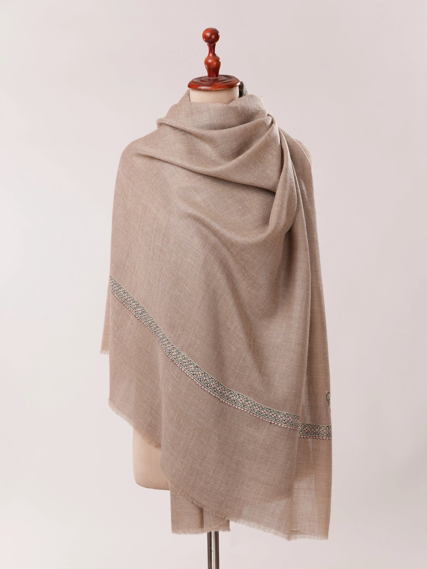 Natural Grey Pashmina Shawl with Hashia Hand Sozni Embroidery Shahkaar.com