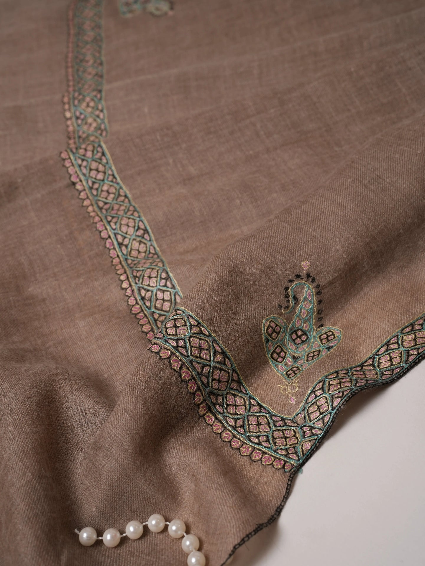 Natural Grey Pashmina Shawl with Hashia Hand Sozni Embroidery Shahkaar.com