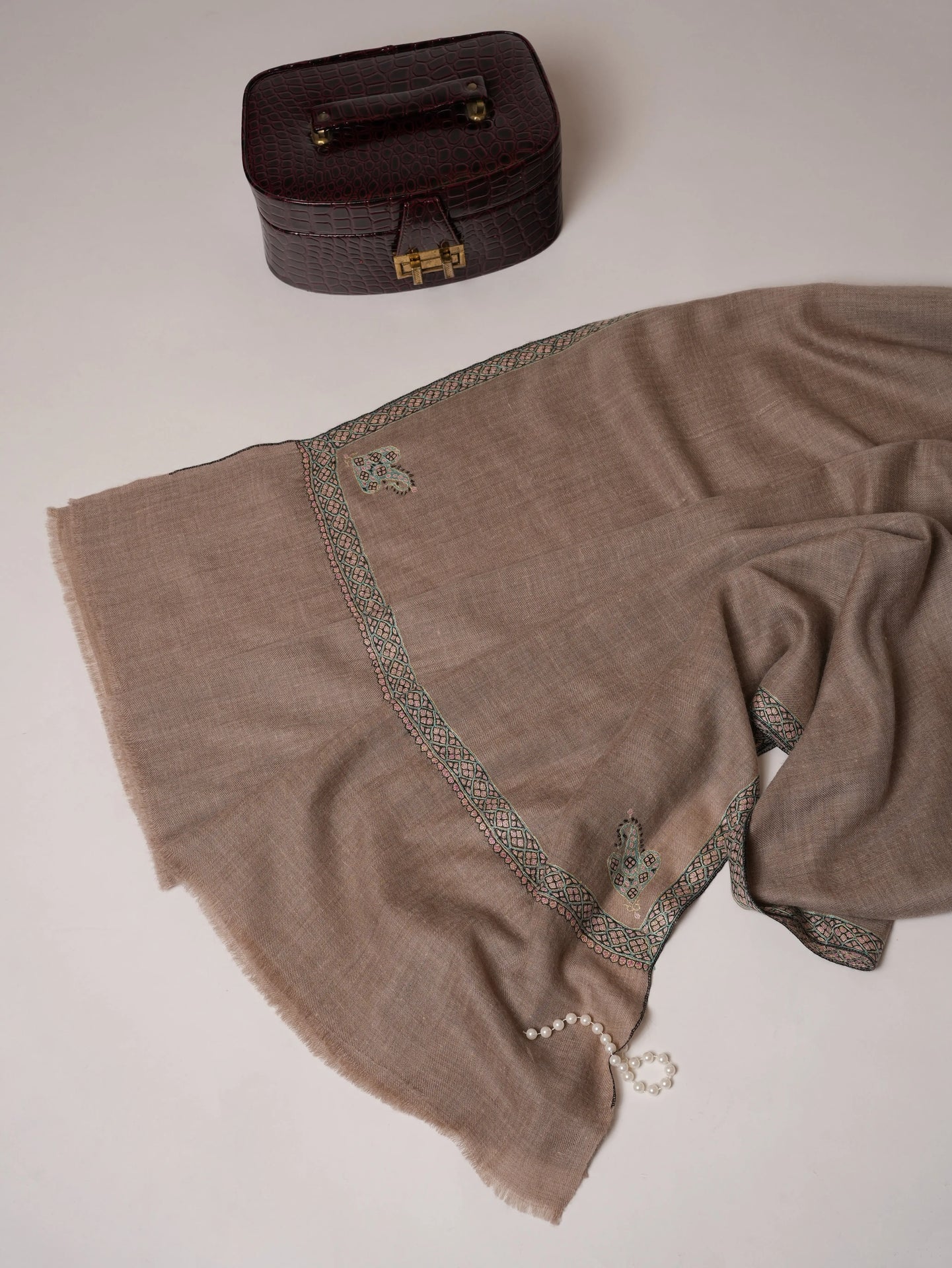 Natural Grey Pashmina Shawl with Hashia Hand Sozni Embroidery Shahkaar.com