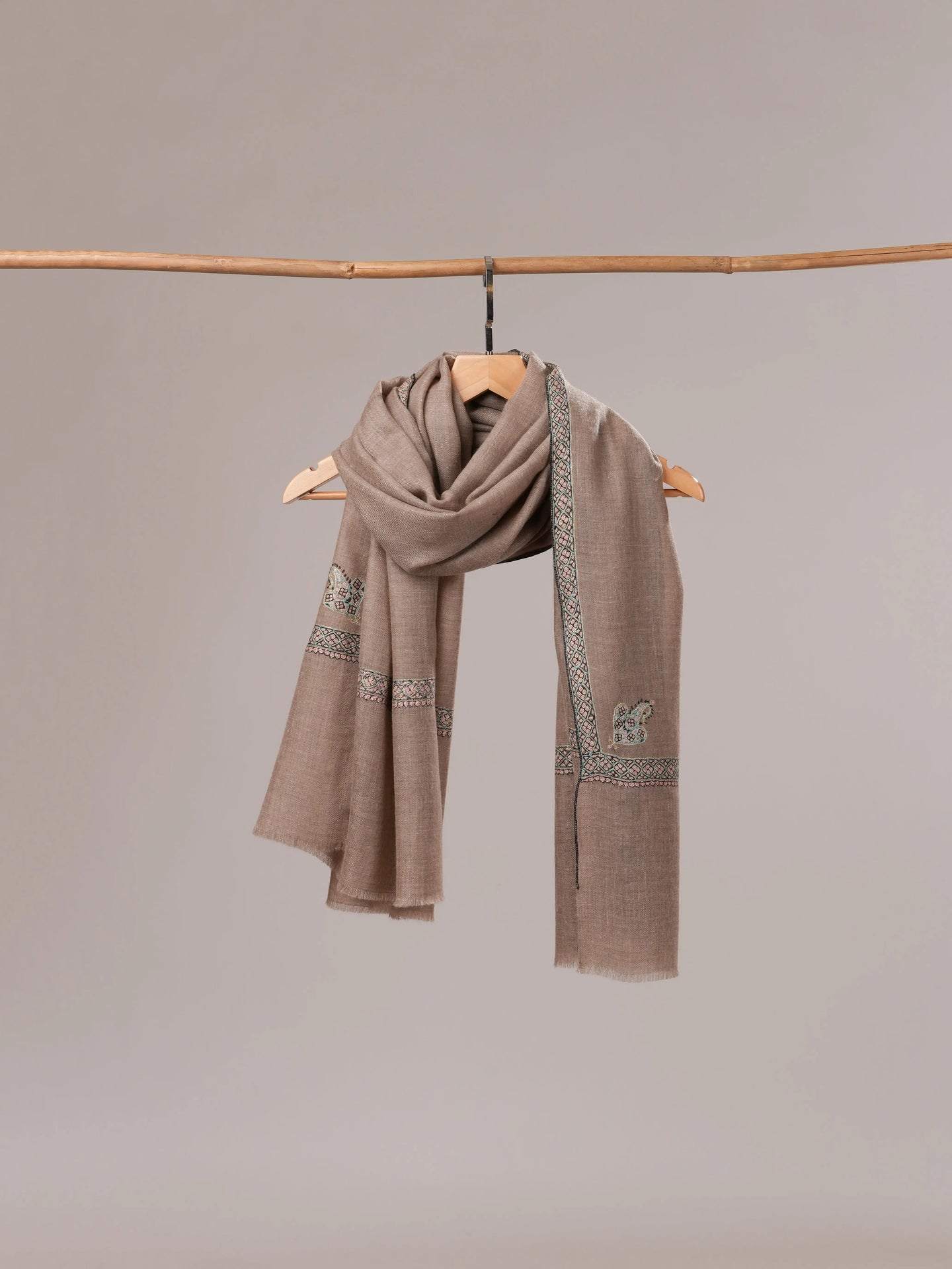 Natural Grey Pashmina Shawl with Hashia Hand Sozni Embroidery Shahkaar.com
