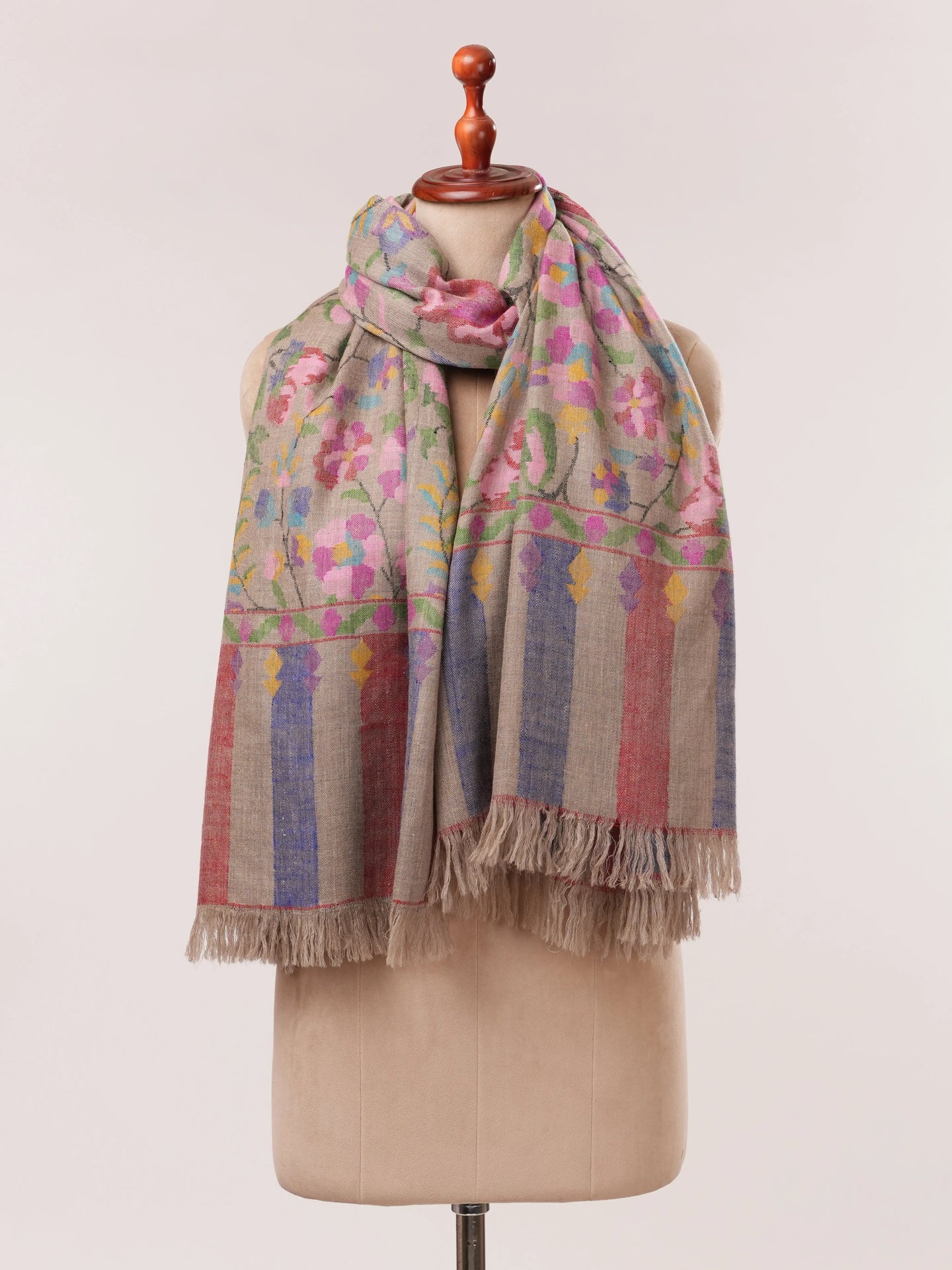 Natural Taupe Pure Kani Floral Pashmina Shawl Shahkaar.com