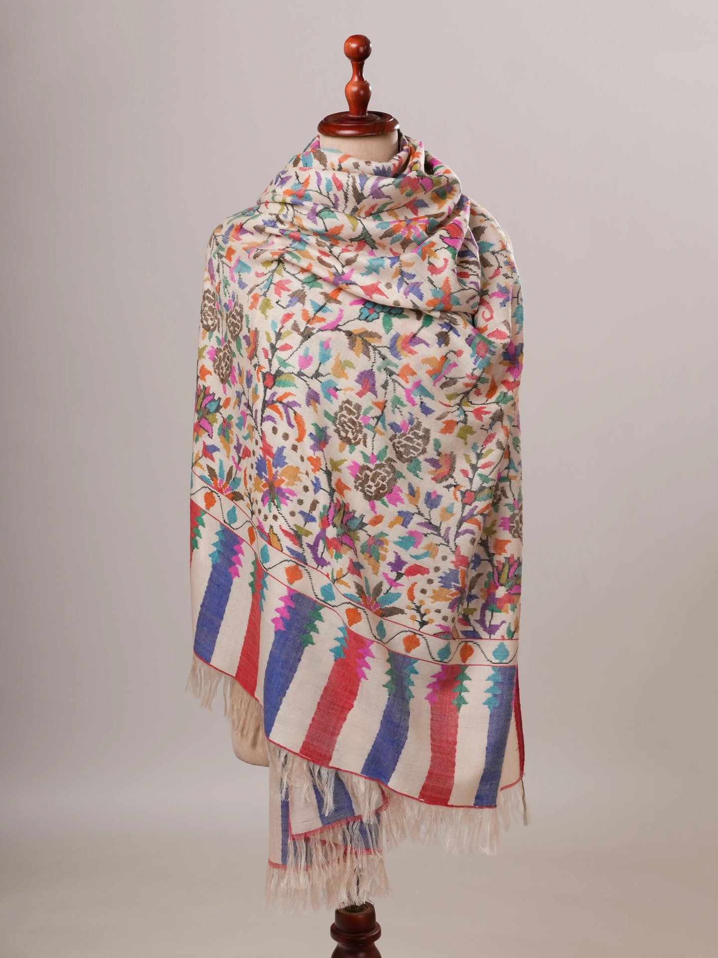 Ivory Floral Handwoven Kani Pashmina Jamavar Shawl Shahkaar Global