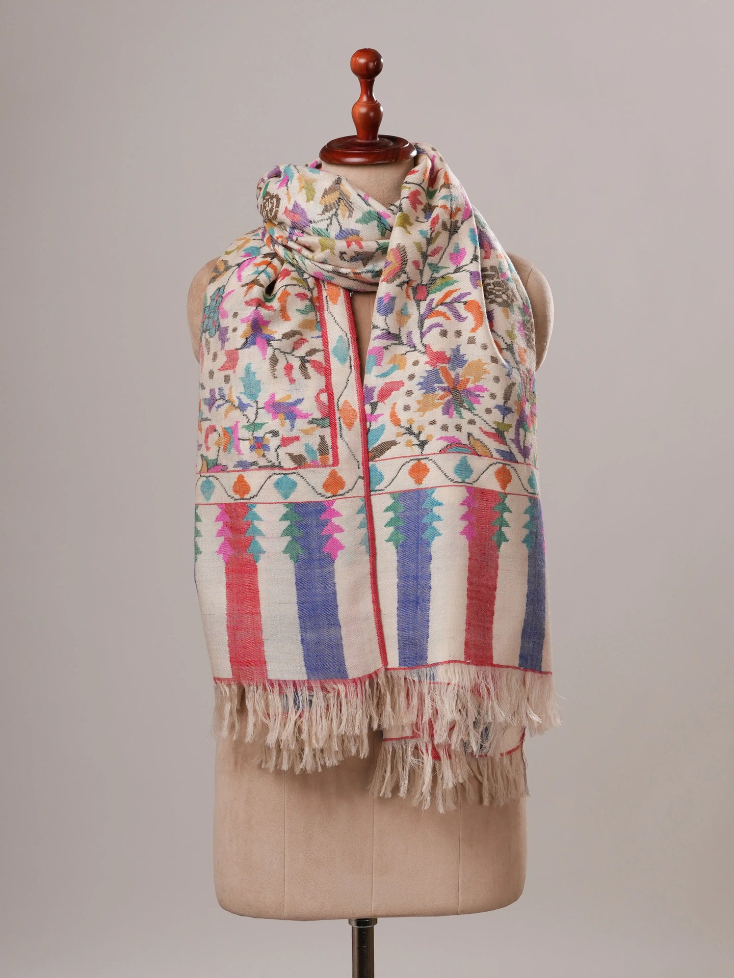 Ivory Floral Handwoven Kani Pashmina Jamavar Shawl Shahkaar Global