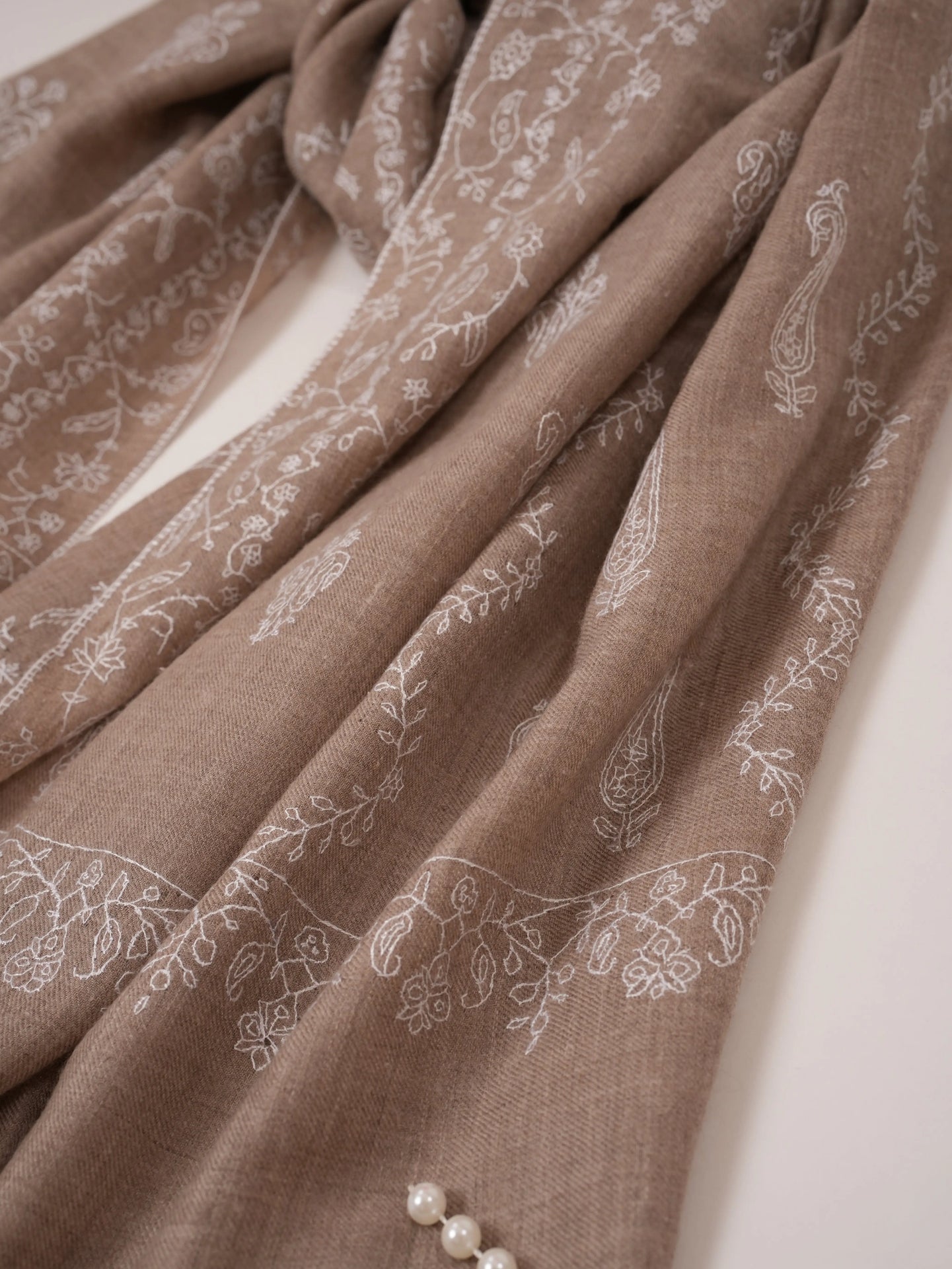 Natural Taupe Cashmere Scarf with White Jali Embroidery Shahkaar.com