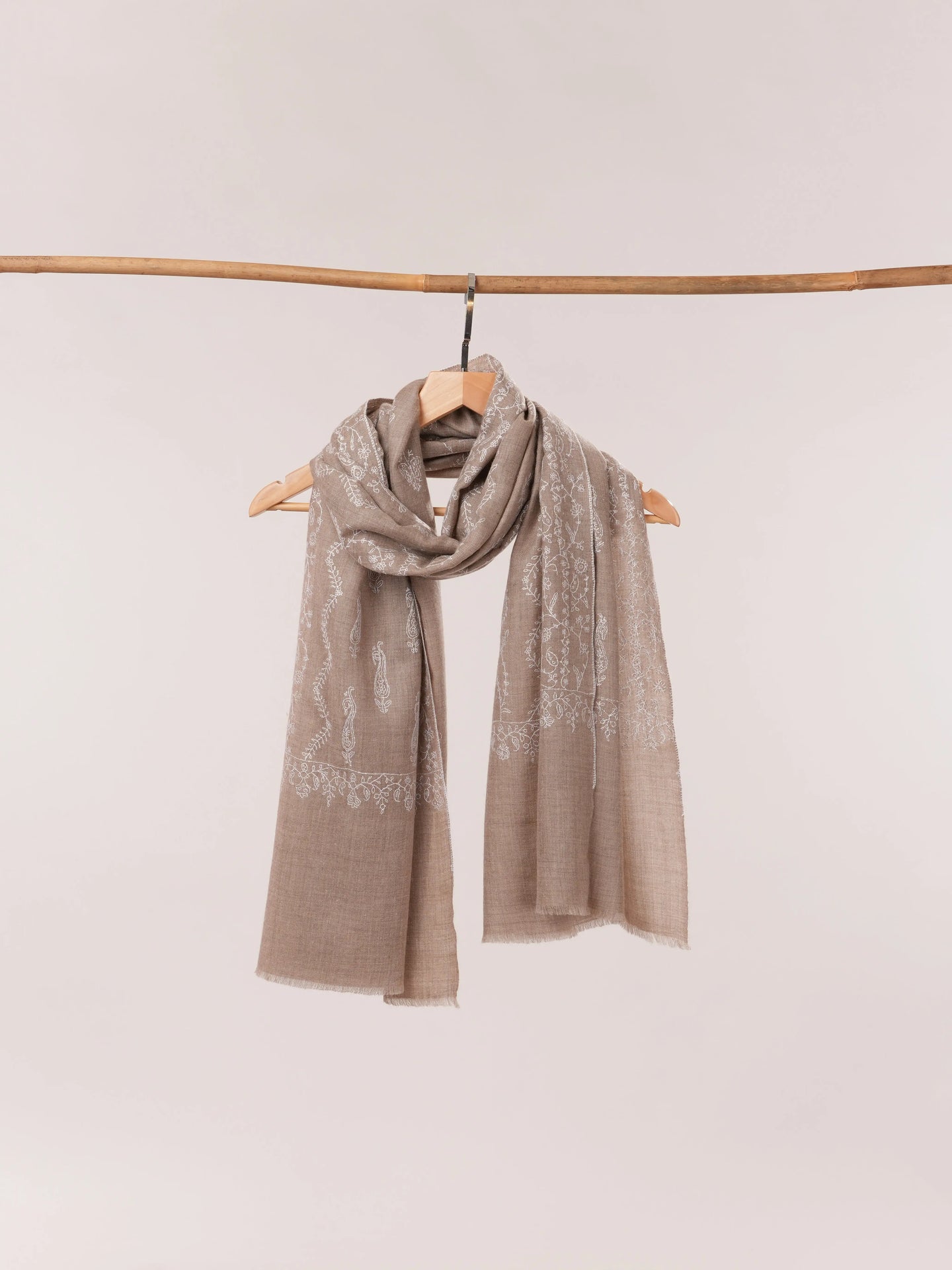 Natural Taupe Cashmere Scarf with White Jali Embroidery Shahkaar.com