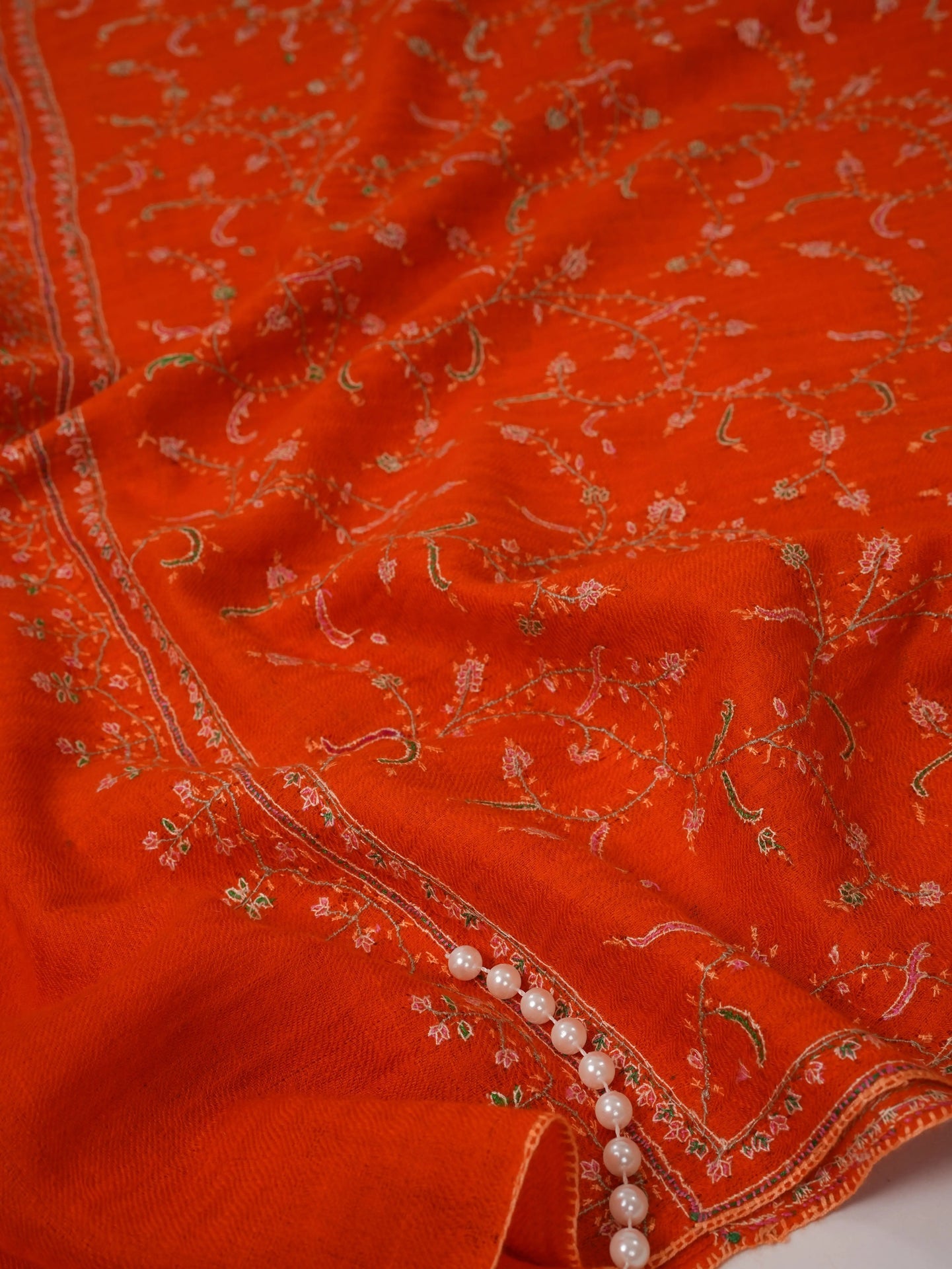Orange Cashmere Scarf with All Over Hand Embroidery Shahkaar.com