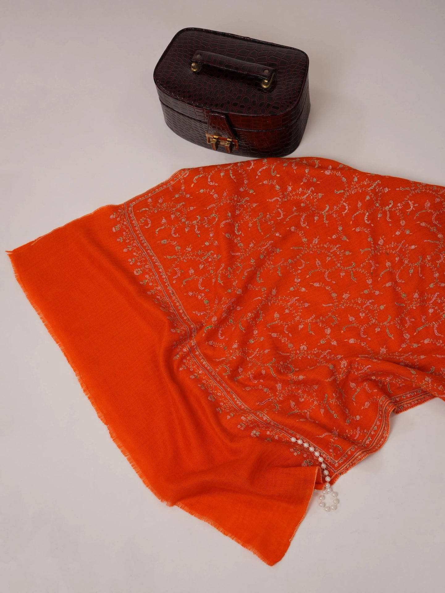 Orange Cashmere Scarf with All Over Hand Embroidery Shahkaar.com