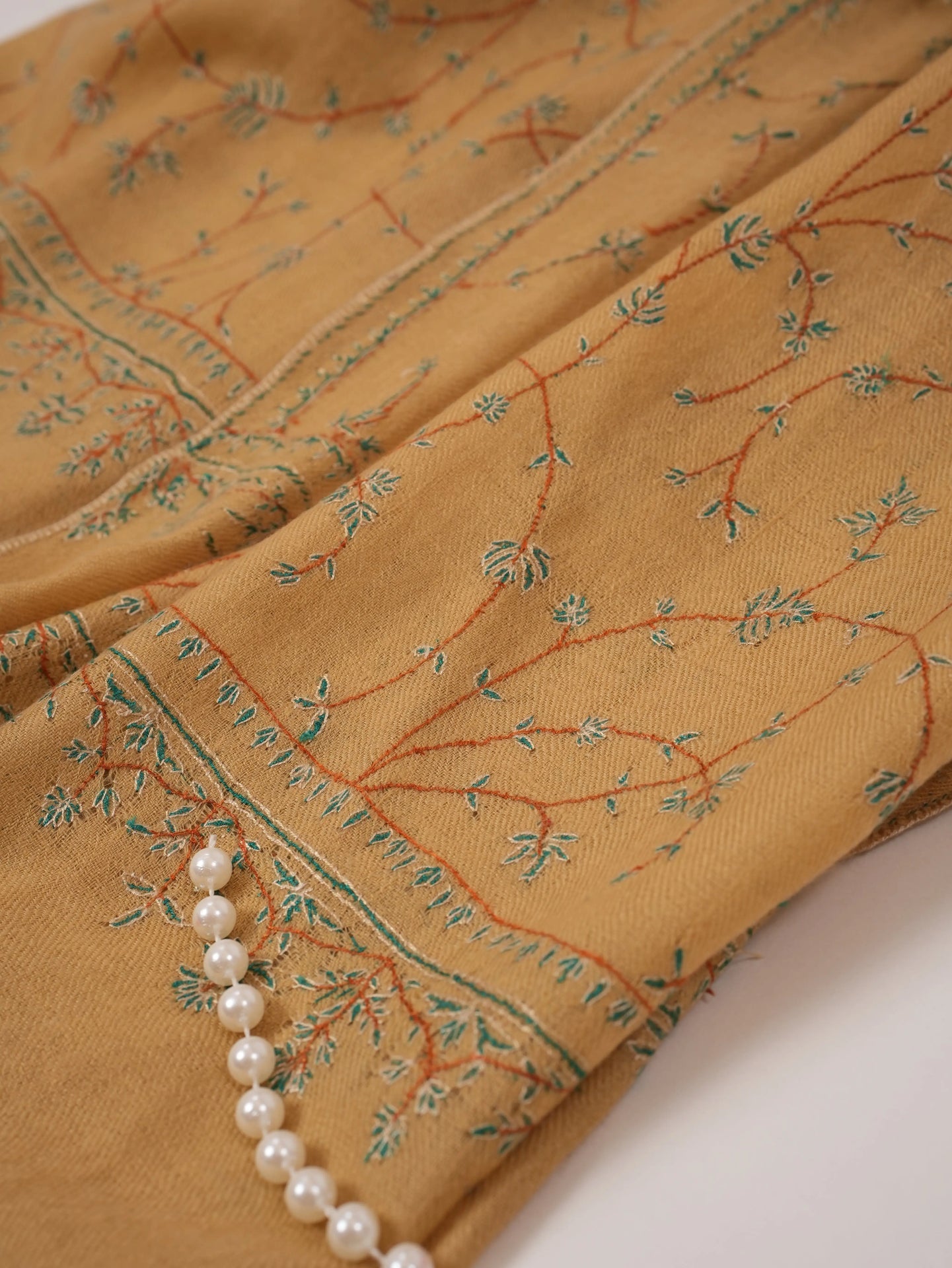 Tan Hand Embroidered Jali Baby Soft Cashmere Scarf Shahkaar.com