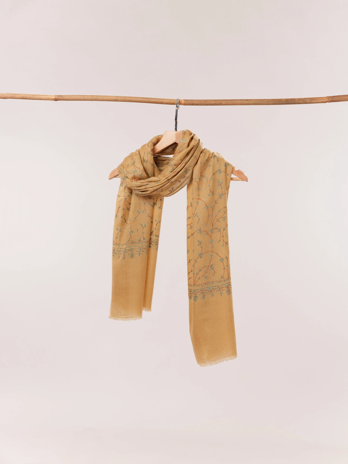 Tan Hand Embroidered Jali Baby Soft Cashmere Scarf Shahkaar.com