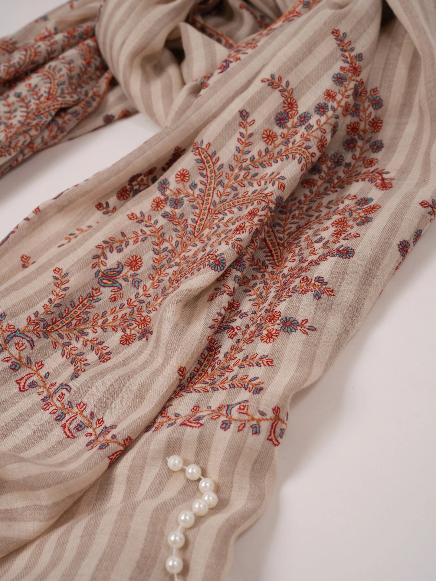 Pure Handwoven Pashmina Shawl in Stripe with Hand Palldar Embroidery Shahkaar.com
