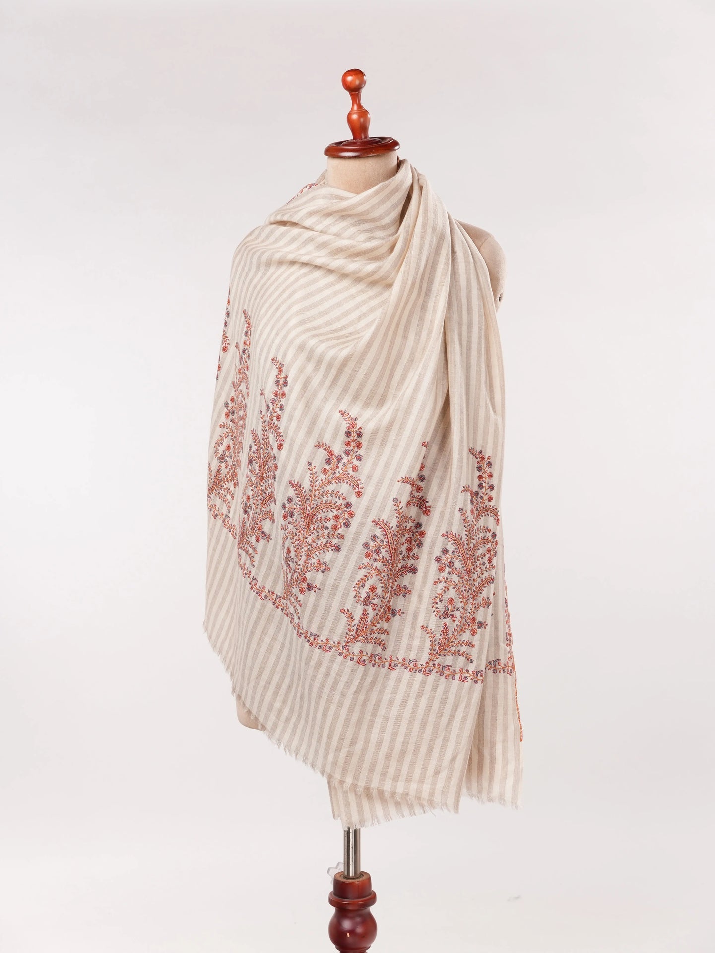 Pure Handwoven Pashmina Shawl in Stripe with Hand Palldar Embroidery Shahkaar.com