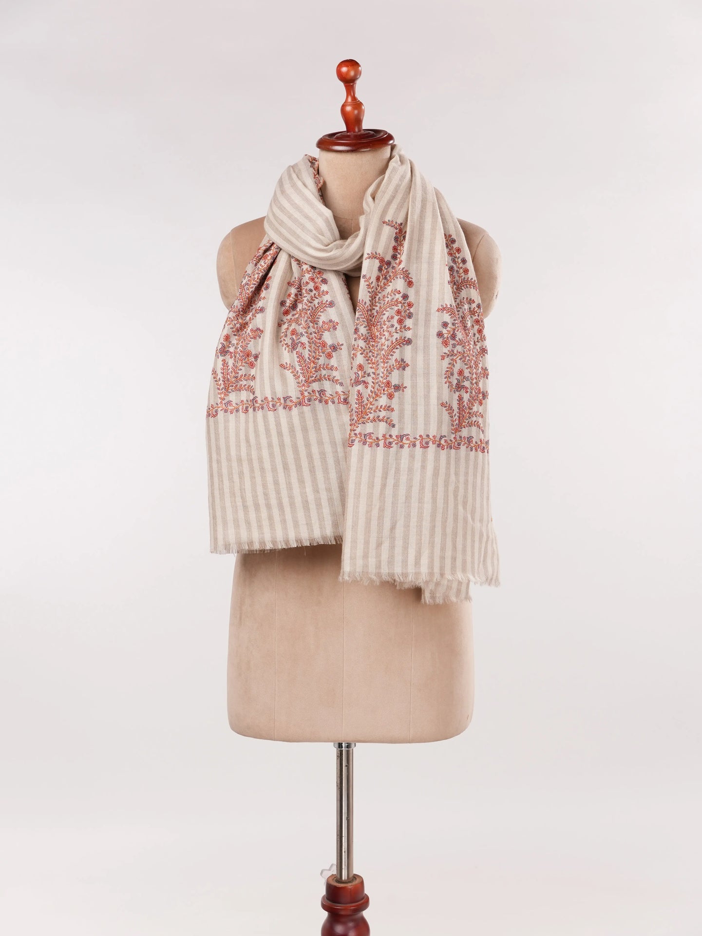 Pure Handwoven Pashmina Shawl in Stripe with Hand Palldar Embroidery Shahkaar.com