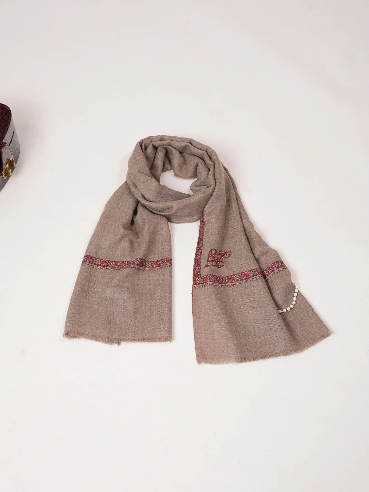 Handwoven Natural Beige Genuine Cashmere Scarf with Sozni Hashia Embroidery