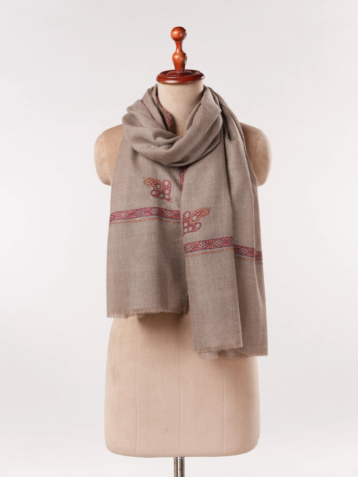 Handwoven Natural Beige Genuine Cashmere Scarf with Sozni Hashia Embroidery
