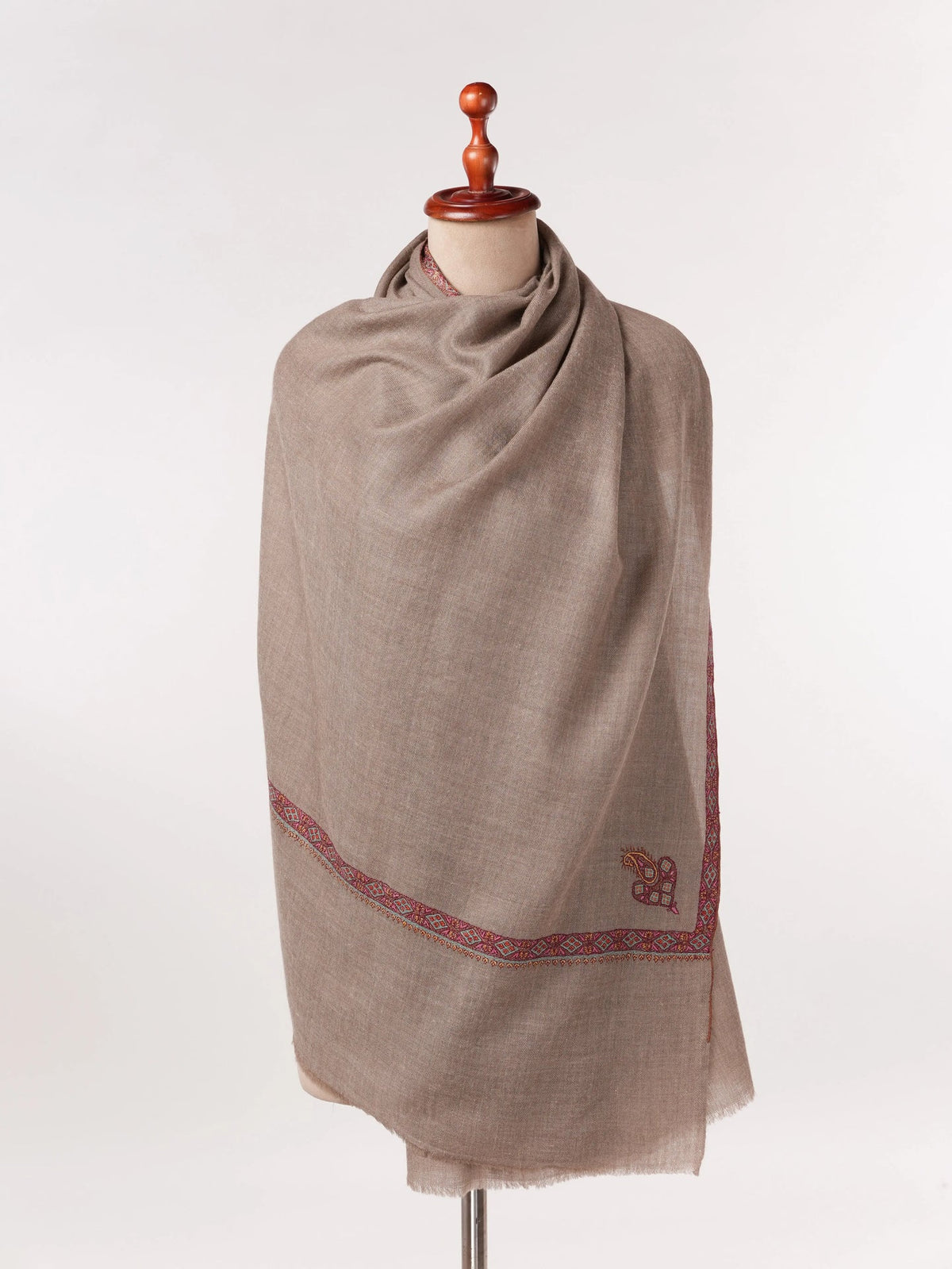 Handwoven Natural Beige Genuine Cashmere Scarf with Sozni Hashia Embroidery