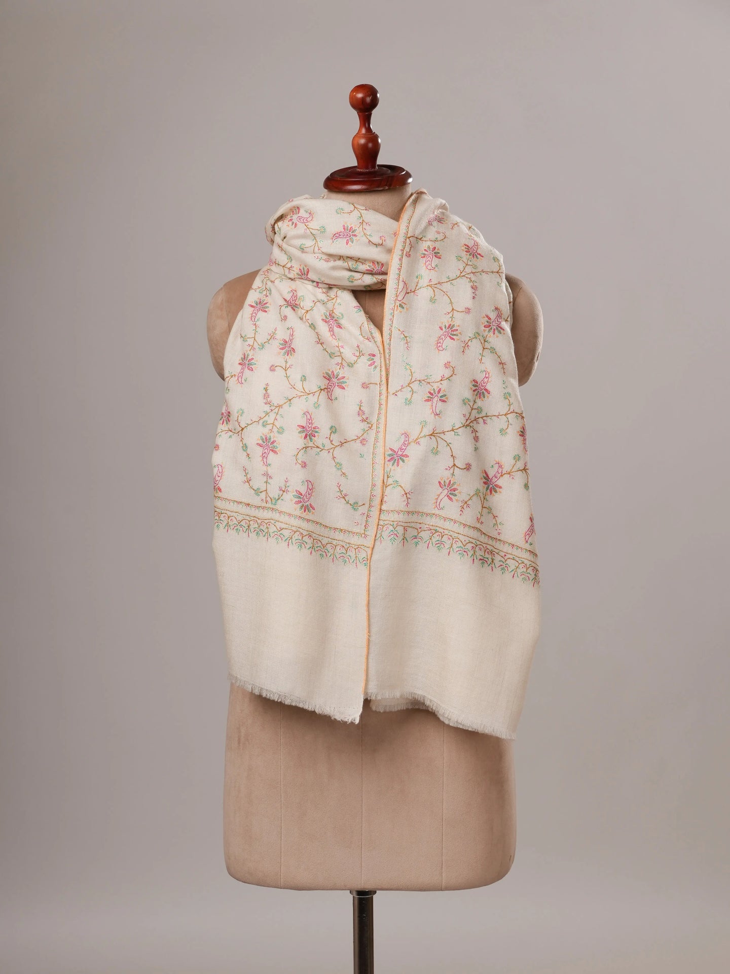 Ivory Floral Hand Embroidered Jali Kashmiri Pashmina Shawl Shahkaar Global