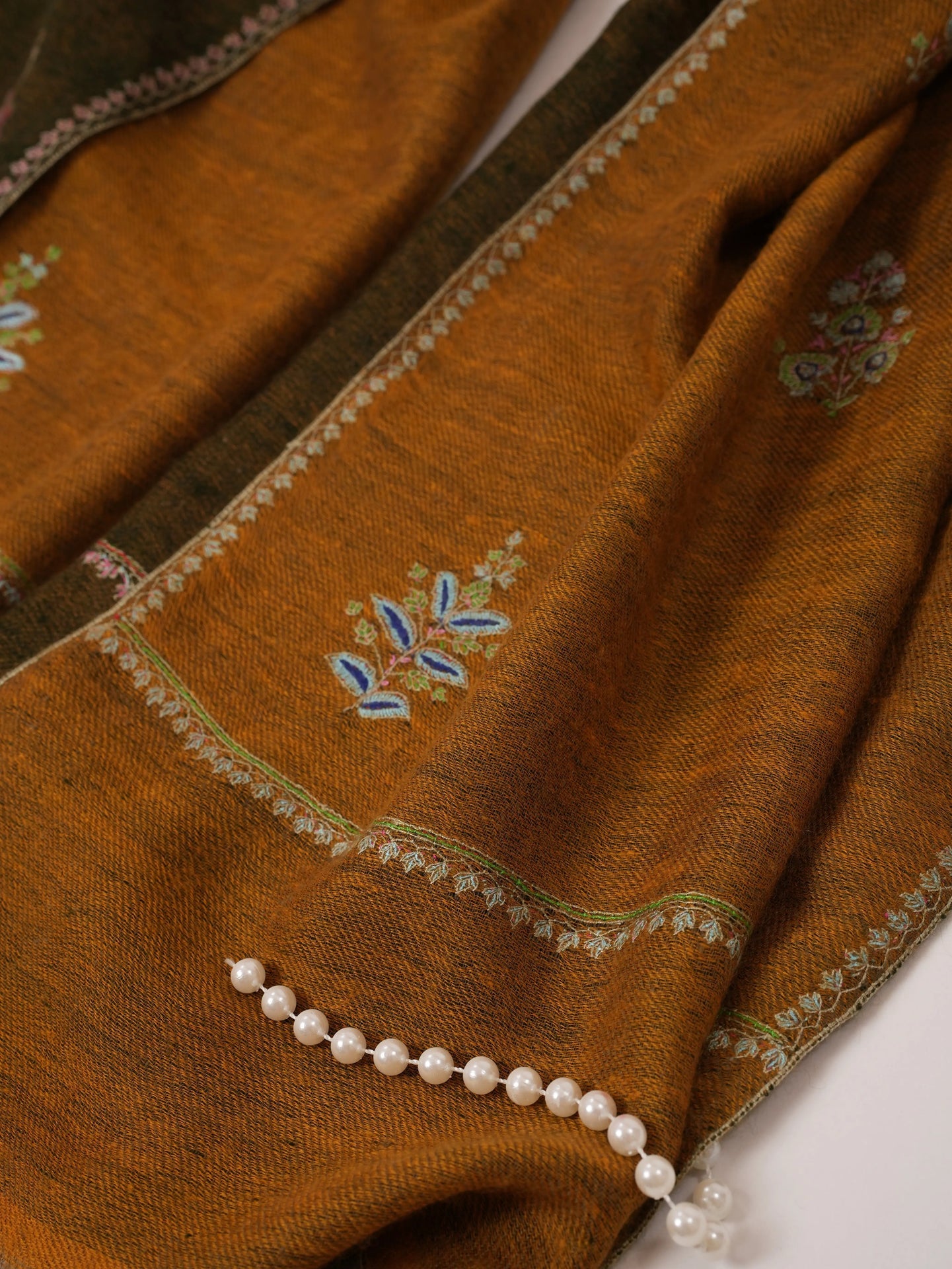 Dual Tone Mustard & Green Cashmere Scarf with Aksi Buteh Embroidery Shahkaar.com