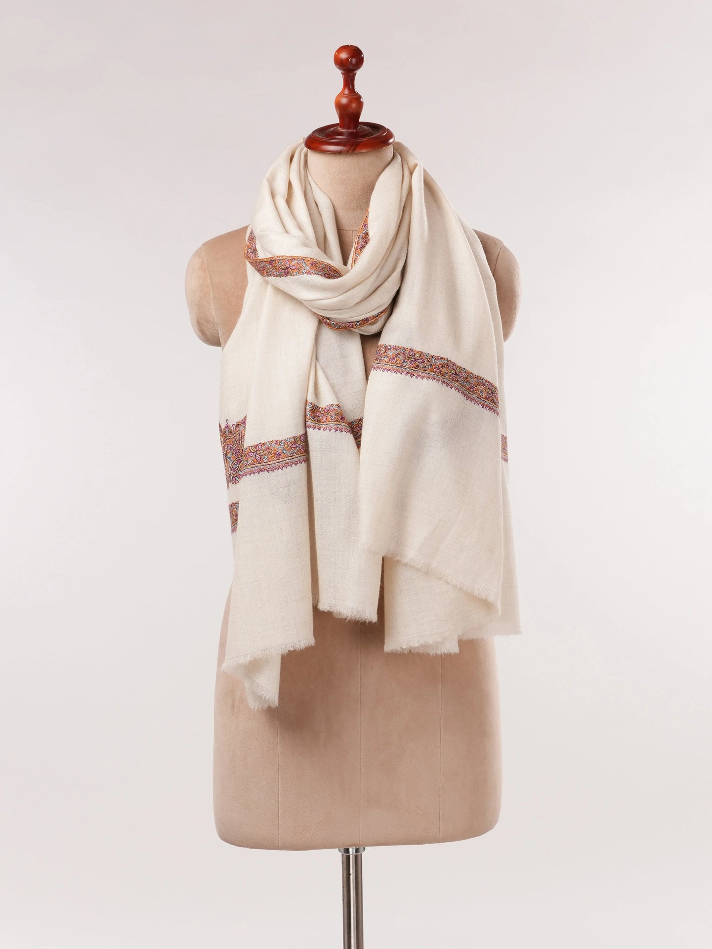 Natural White Pashmina Shawl with Classic Hashia Embroidery Shahkaar.com