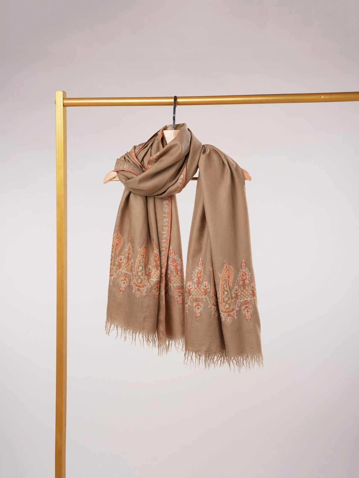 Kashmiri Shawl in Handwoven Beige Pashmina with Sozni Paisley Palldar Embroidery Shahkaar.com