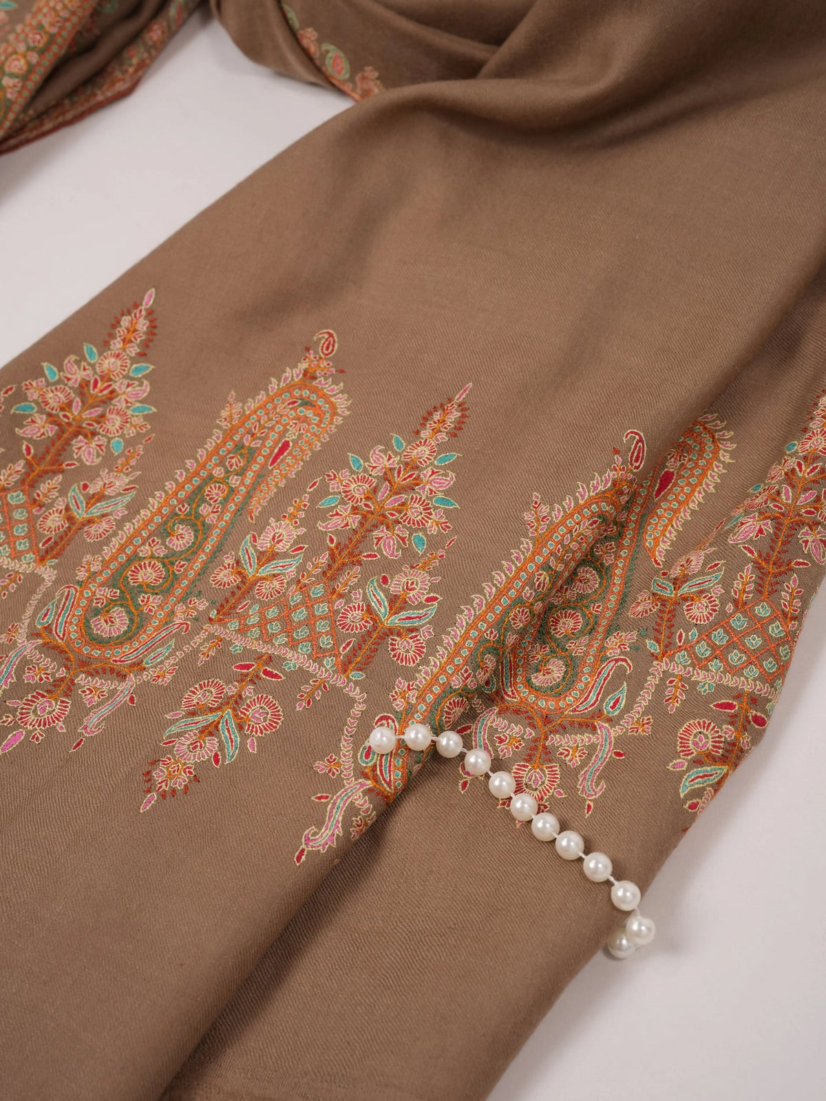 Kashmiri Shawl in Handwoven Beige Pashmina with Sozni Paisley Palldar Embroidery Shahkaar.com