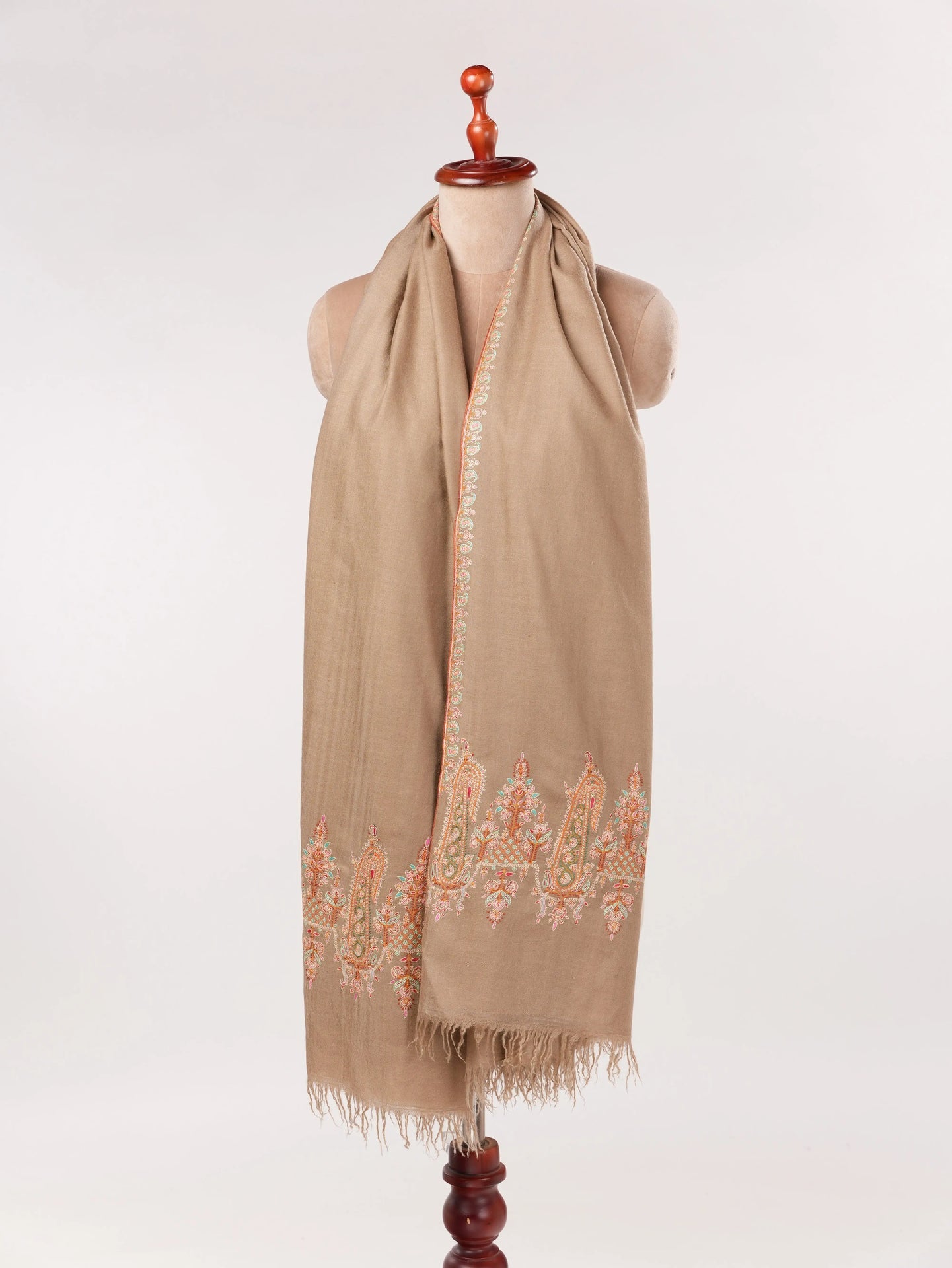 Kashmiri Shawl in Handwoven Beige Pashmina with Sozni Paisley Palldar Embroidery Shahkaar.com
