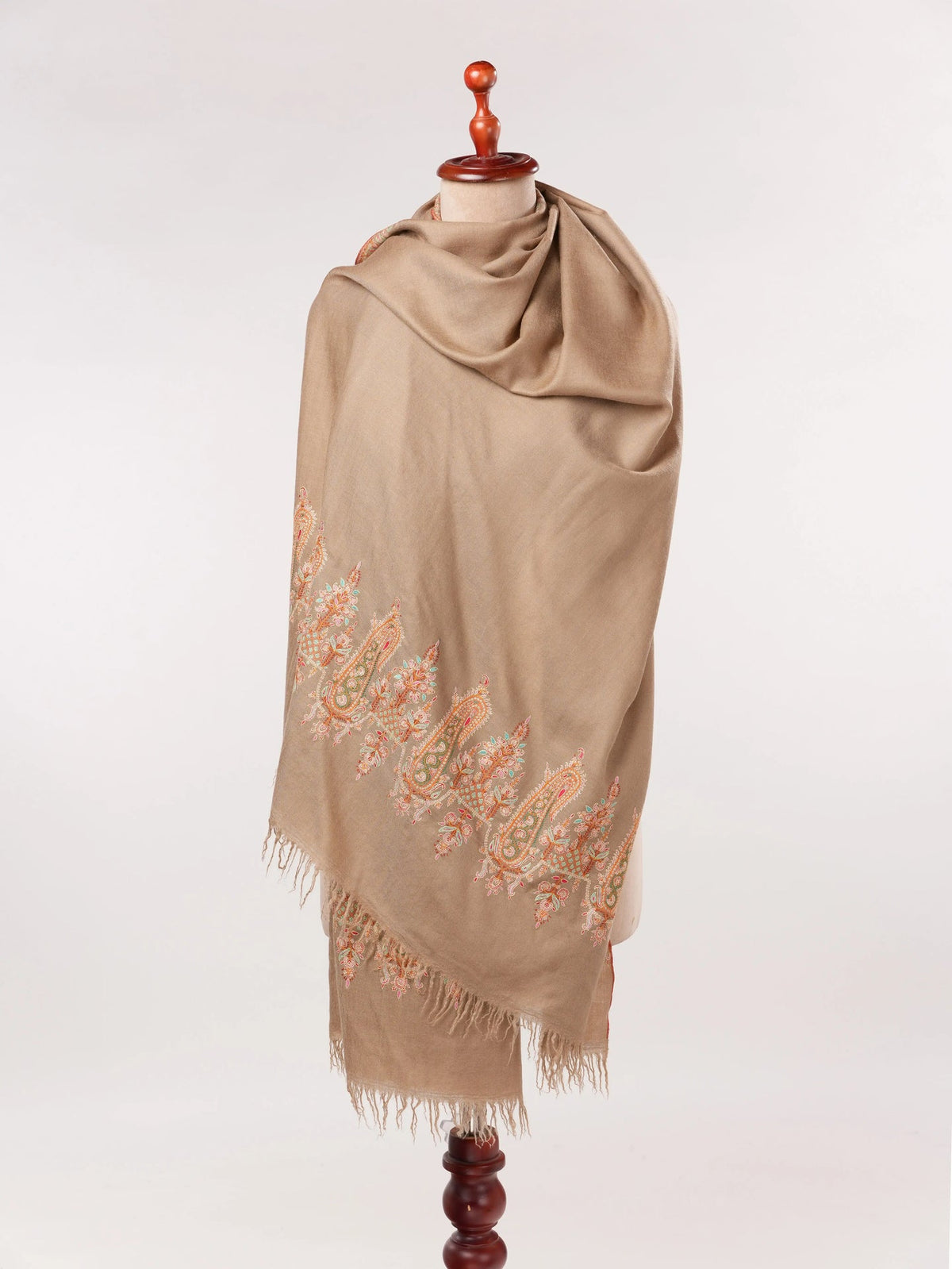Kashmiri Shawl in Handwoven Beige Pashmina with Sozni Paisley Palldar Embroidery Shahkaar.com
